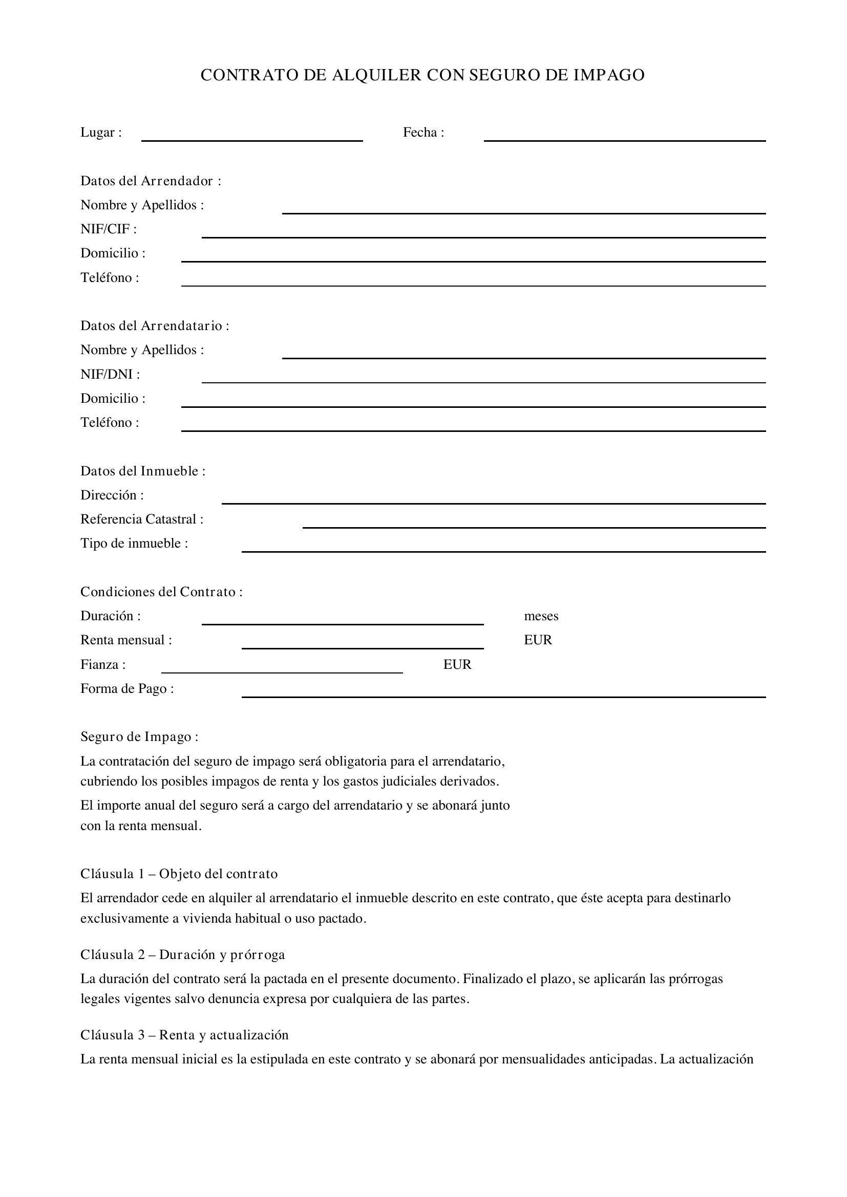 Modelo Contrato De Alquiler Con Seguro De Impago