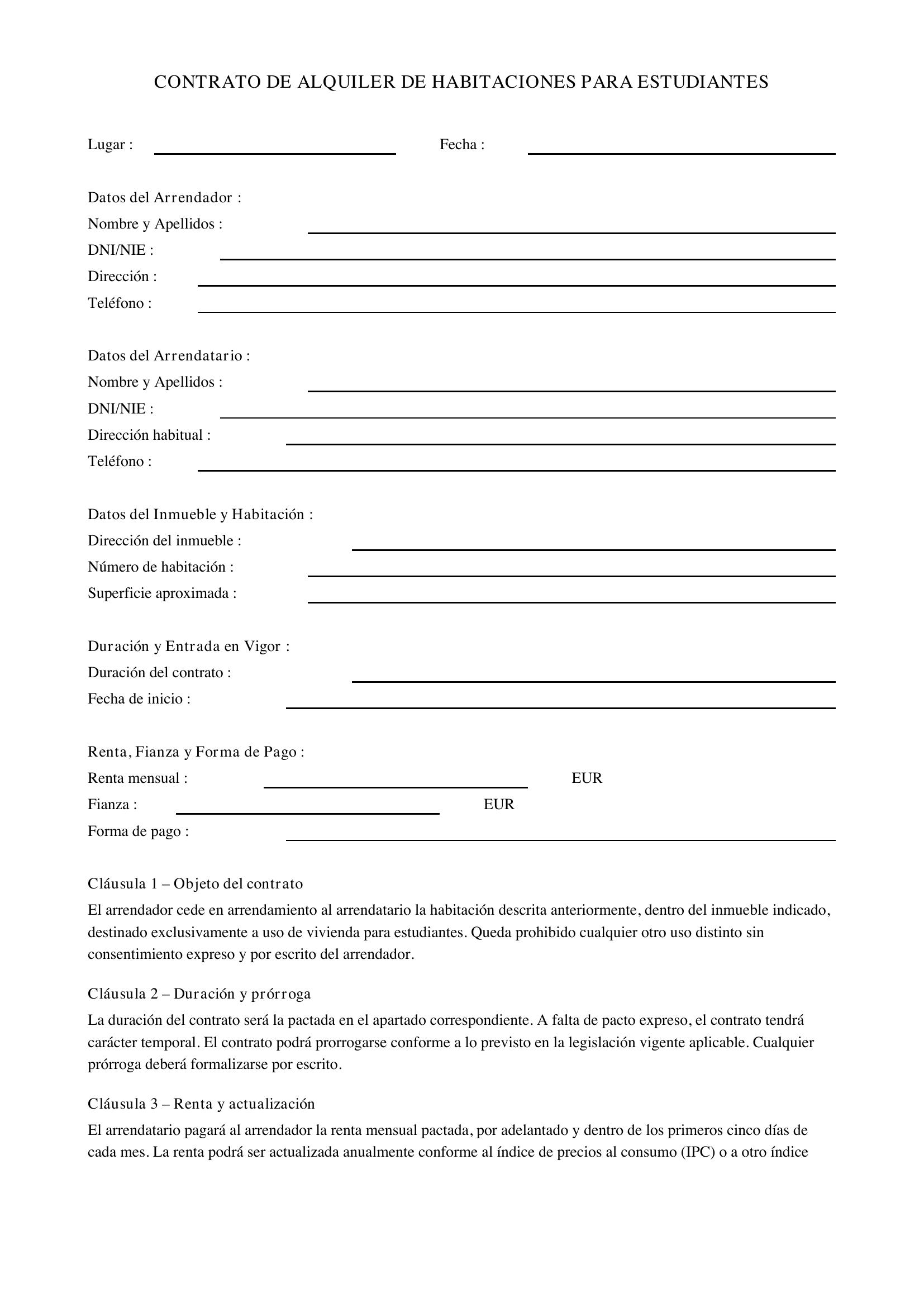 Modelo Contrato De Alquiler De Habitaciones Para Estudiantes