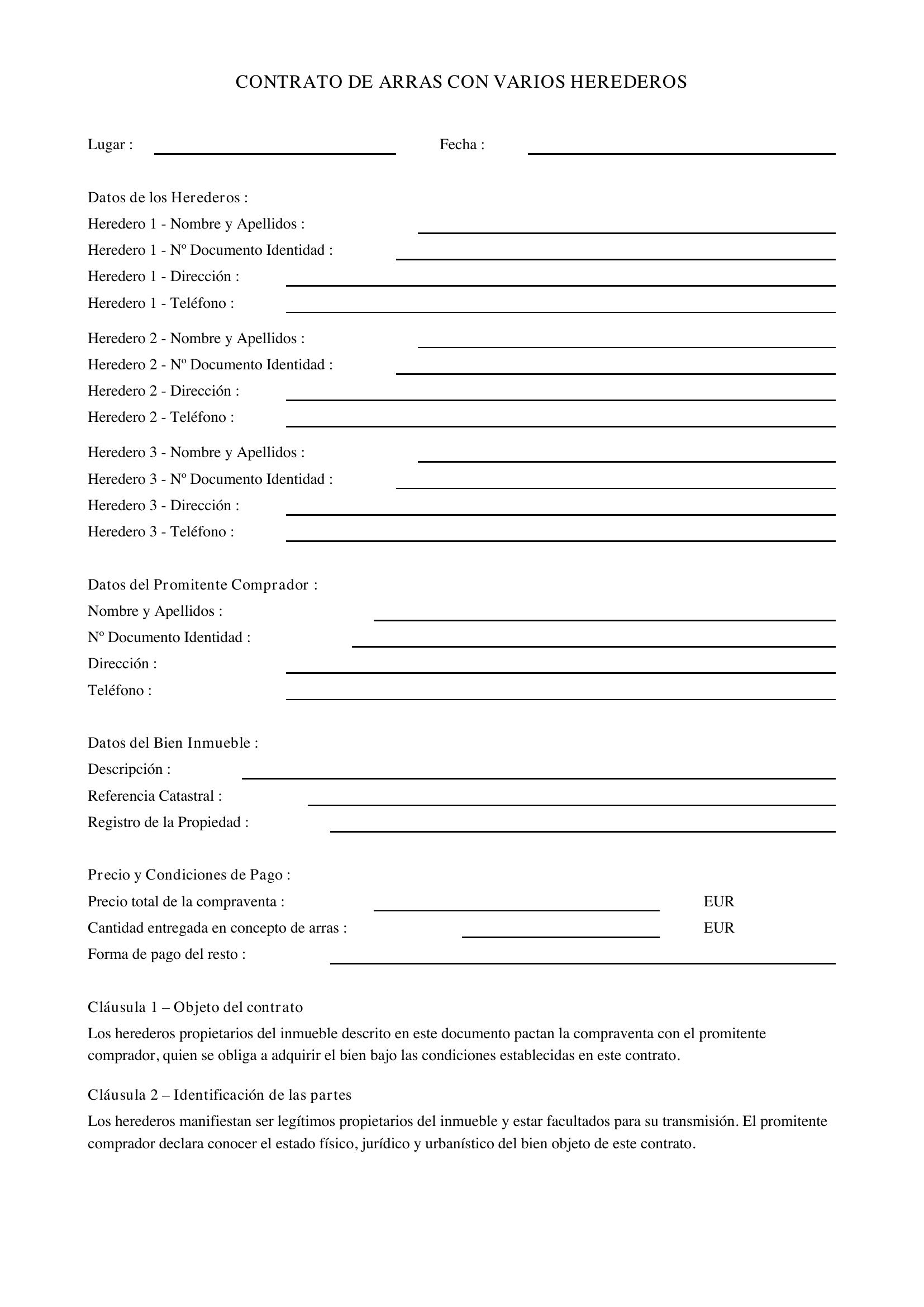 Modelo Contrato De Arras Con Varios Herederos