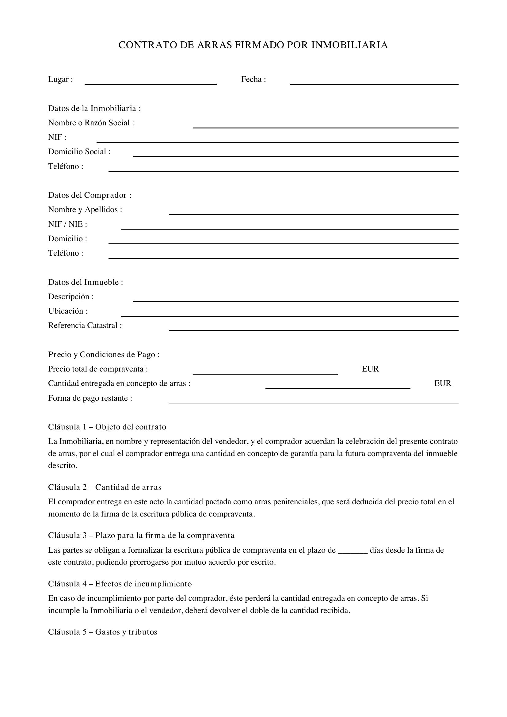 Modelo Contrato De Arras Firmado Por Inmobiliaria