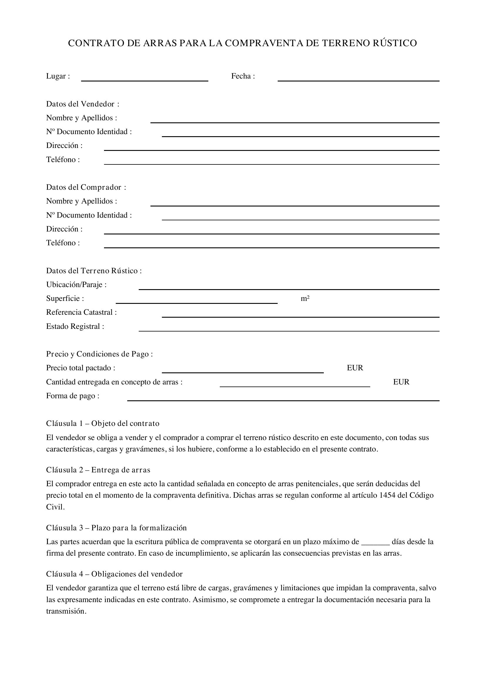 Modelo Contrato De Arras Terreno Rústico