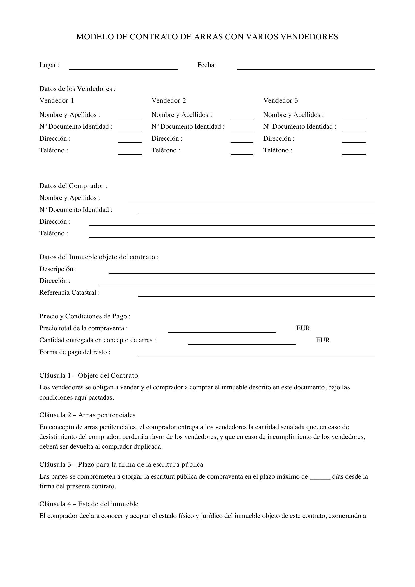 Modelo Contrato De Arras Varios Vendedores