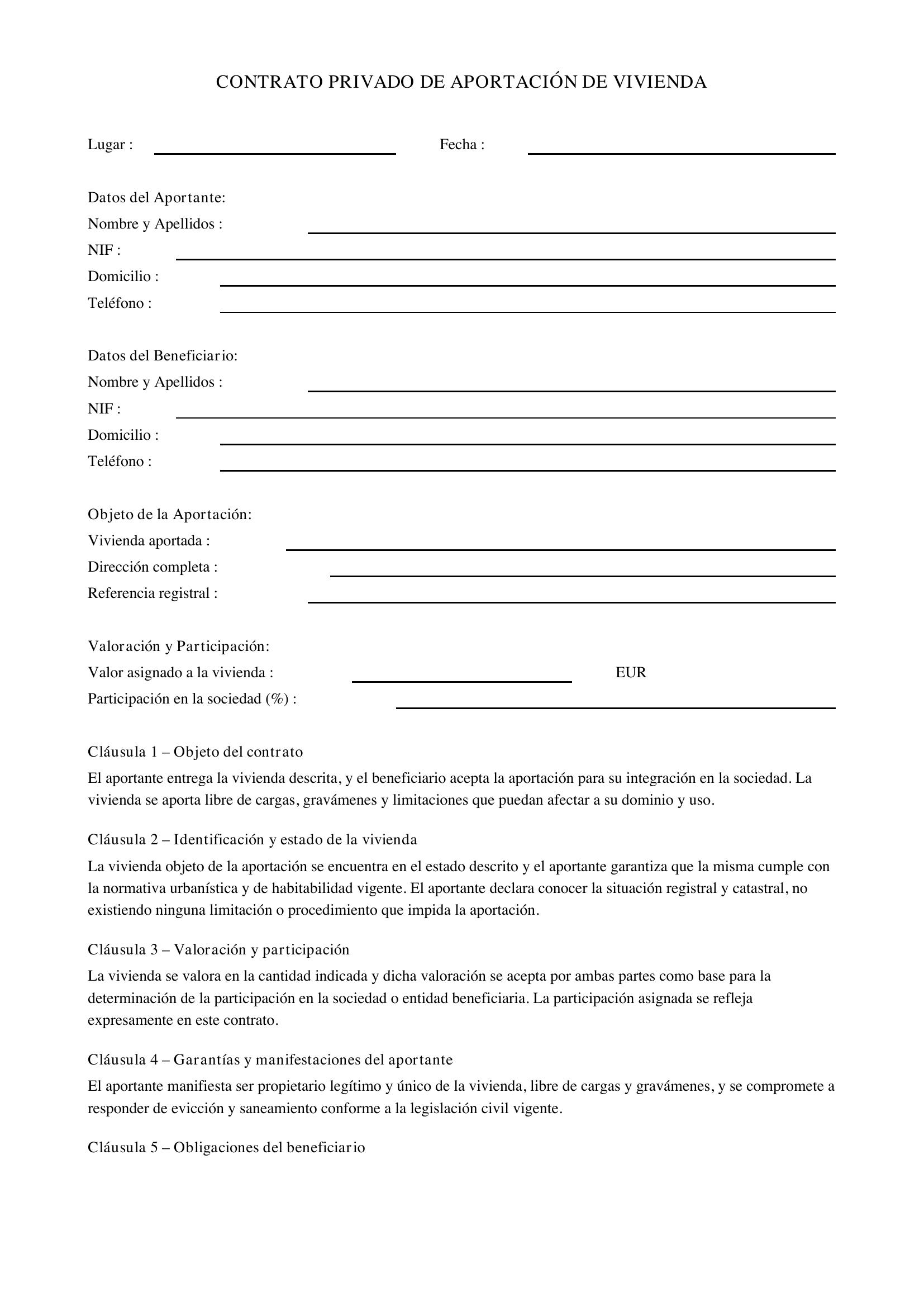 Modelo Contrato Privado Aportación Vivienda