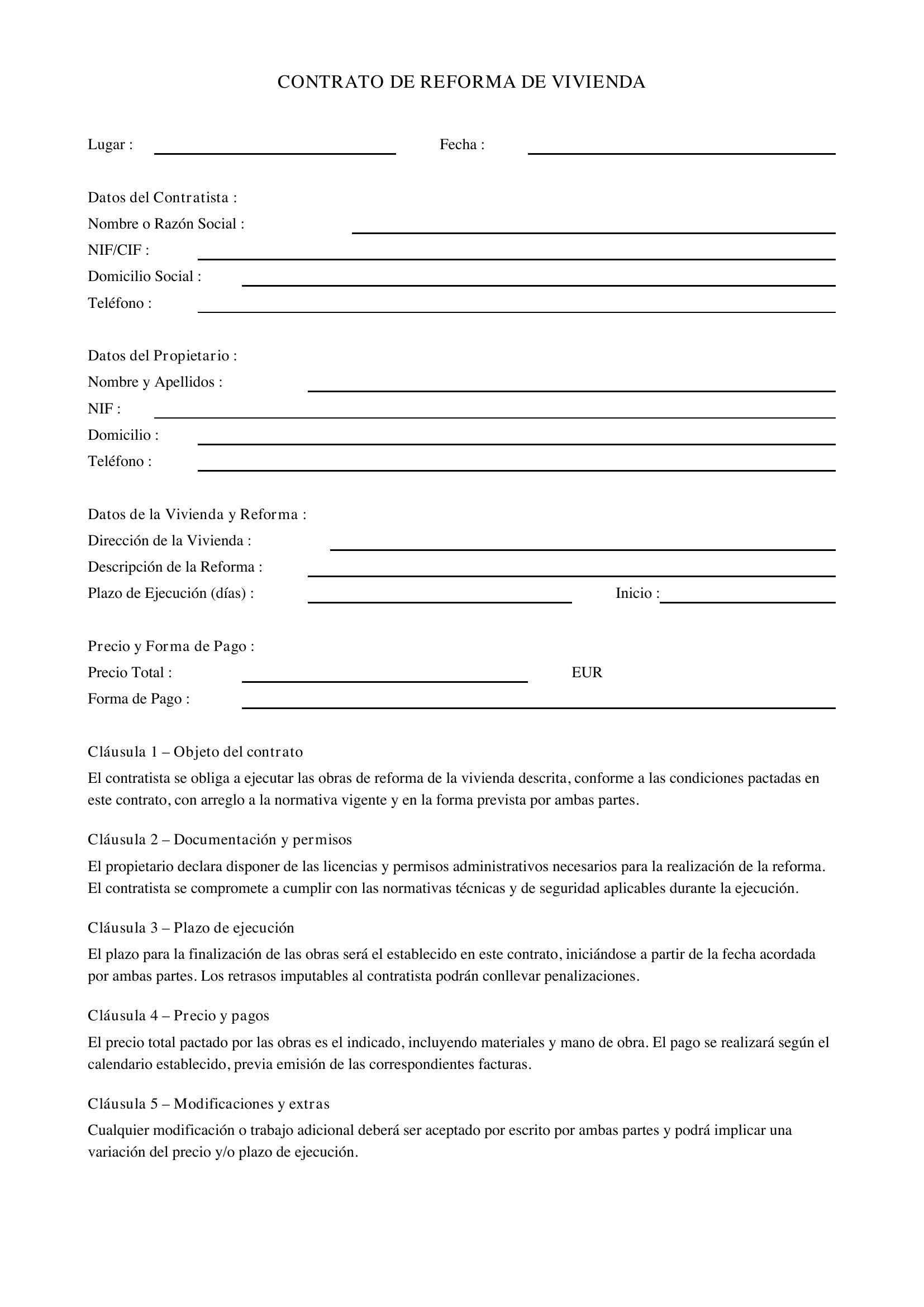 Modelo Contrato Reforma Vivienda