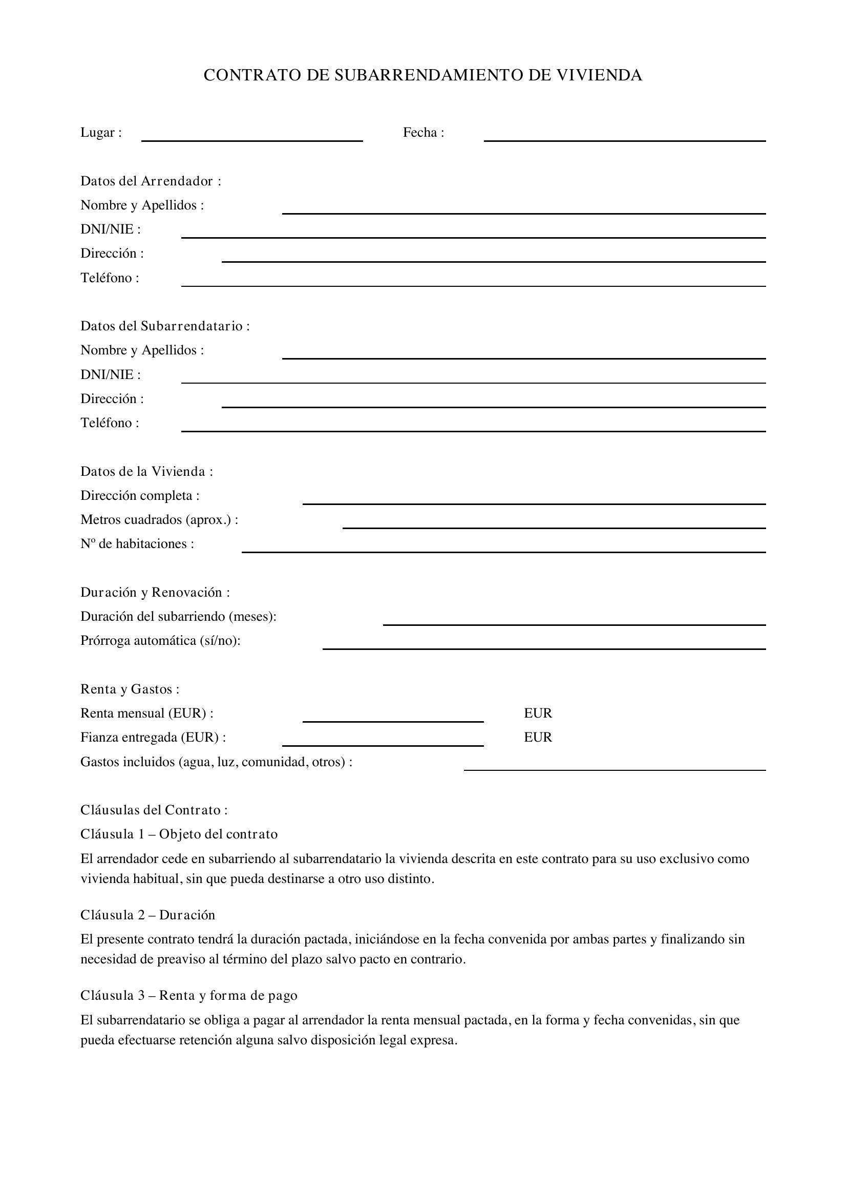 Modelo Contrato Subarriendo Vivienda
