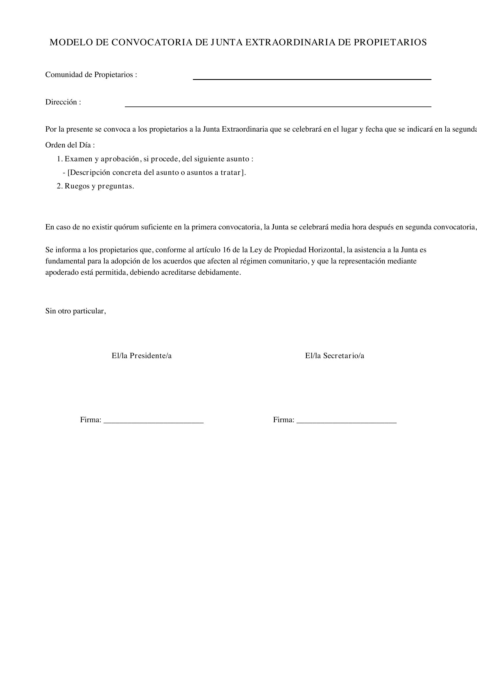 Modelo Convocatoria Junta Extraordinaria De Propietarios