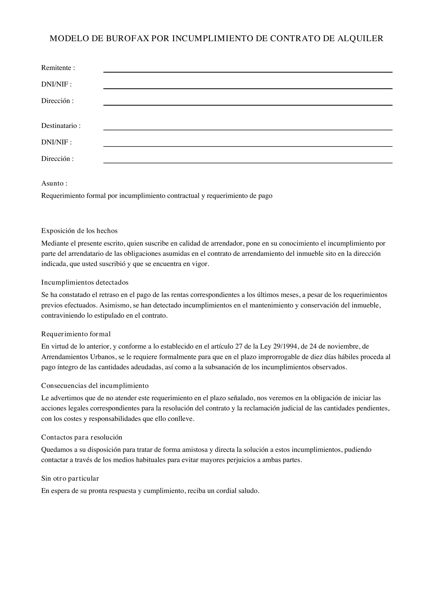 Modelo De Burofax Por Incumplimiento De Contrato De Alquiler