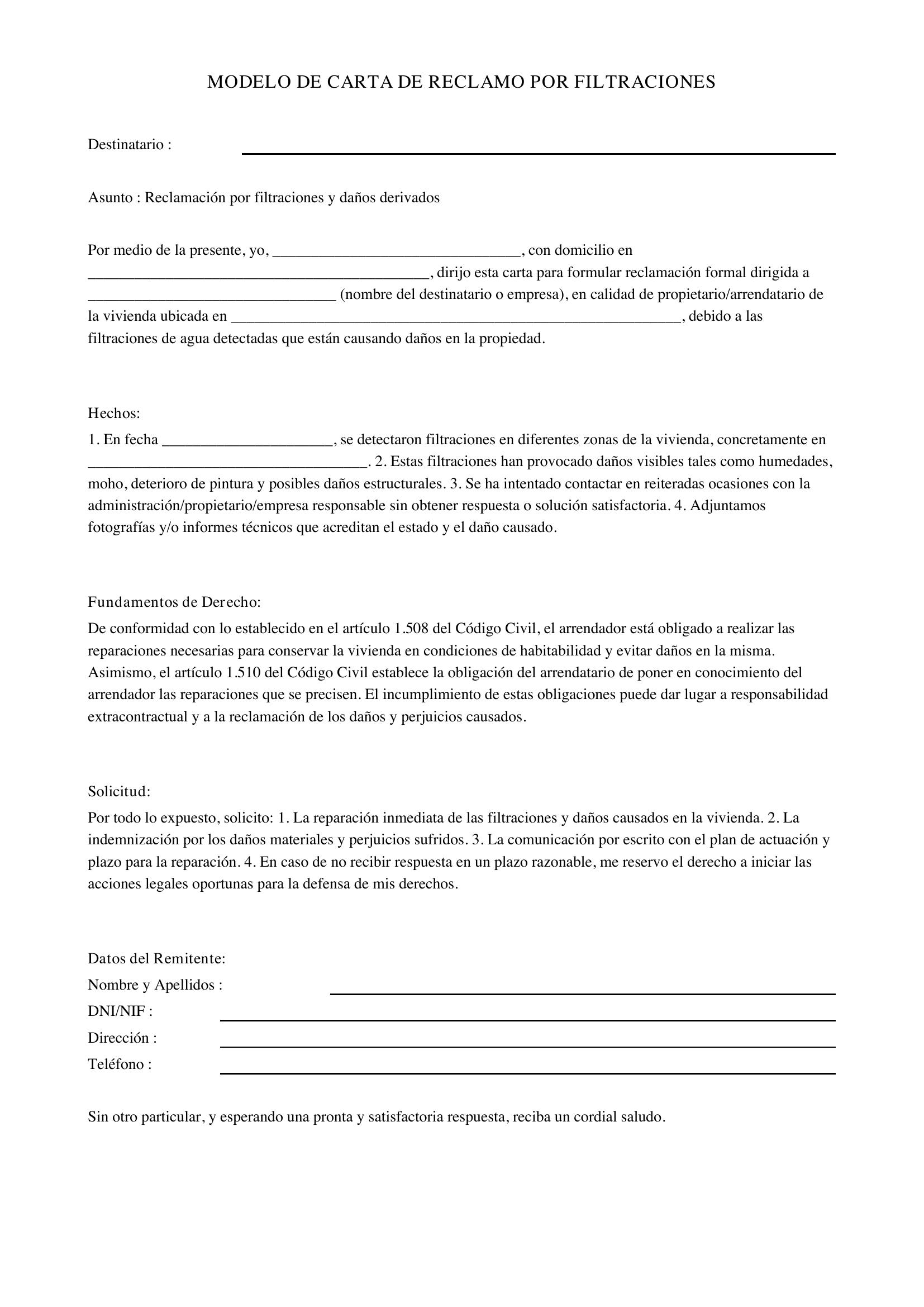Modelo De Carta De Reclamo Por Filtraciones