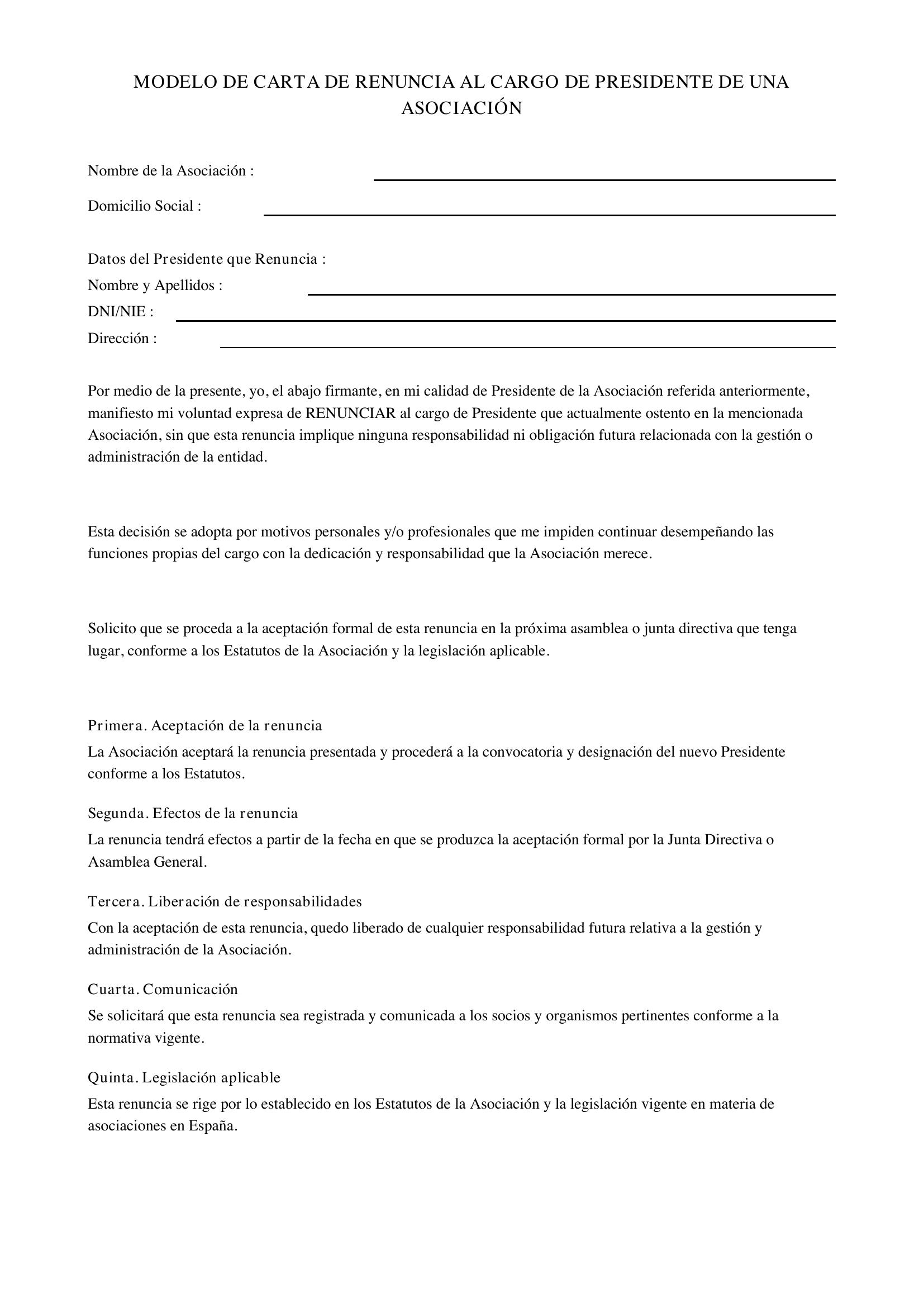 Modelo De Carta De Renuncia Al Cargo De Presidente De Una Asociación
