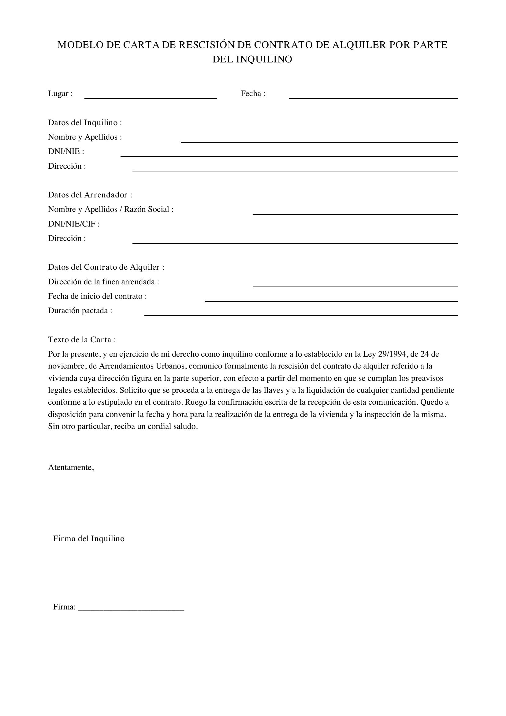 Modelo De Carta De Rescisión De Contrato De Alquiler Por Parte Del Inquilino