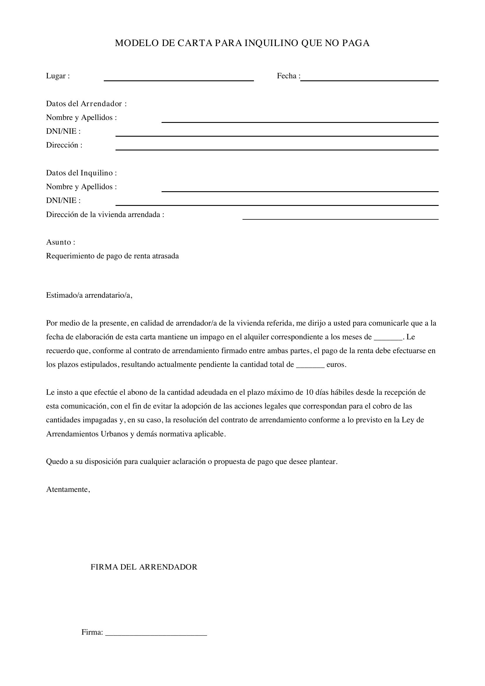 Modelo De Carta Para Inquilino Que No Paga