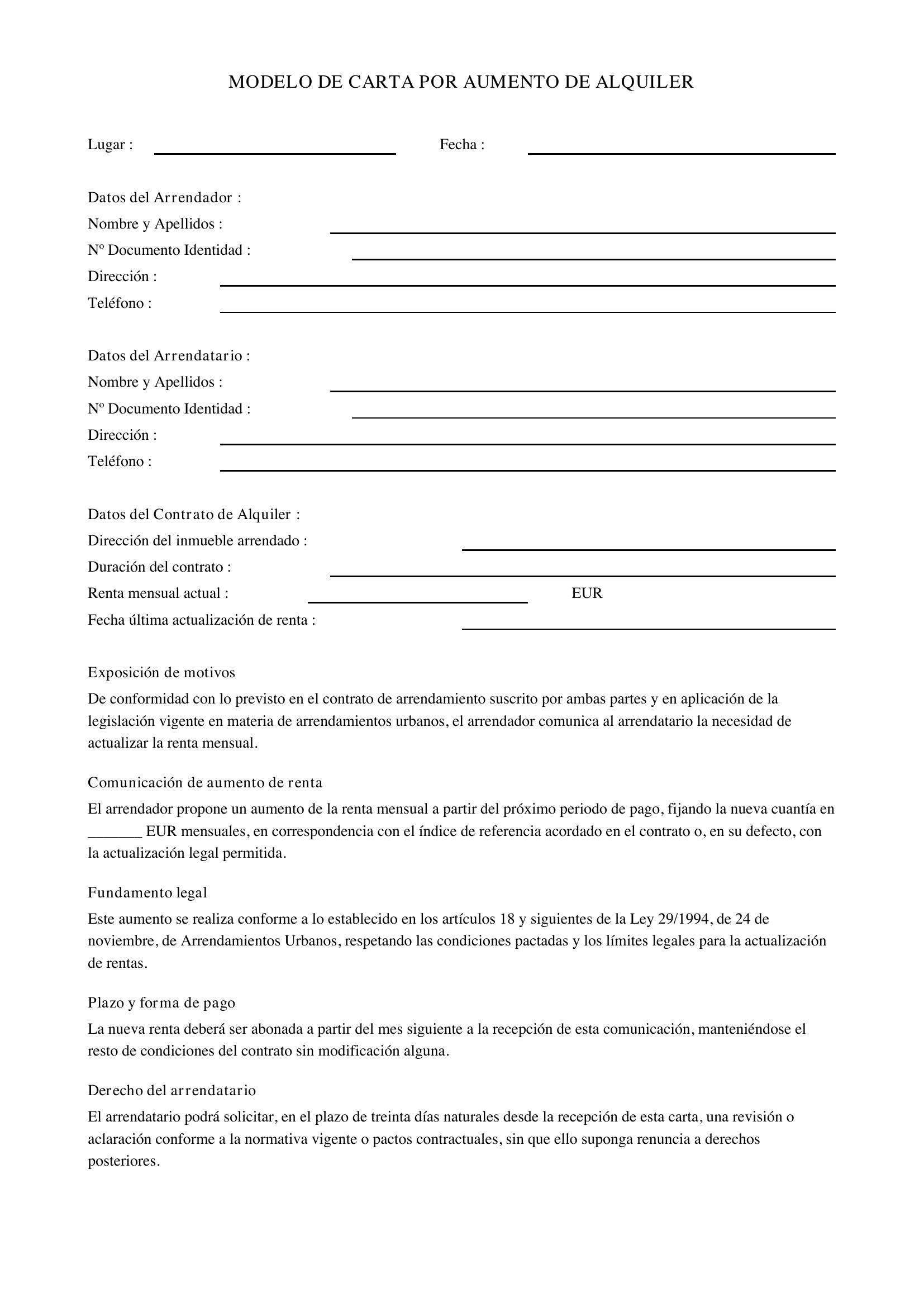 Modelo De Carta Por Aumento De Alquiler