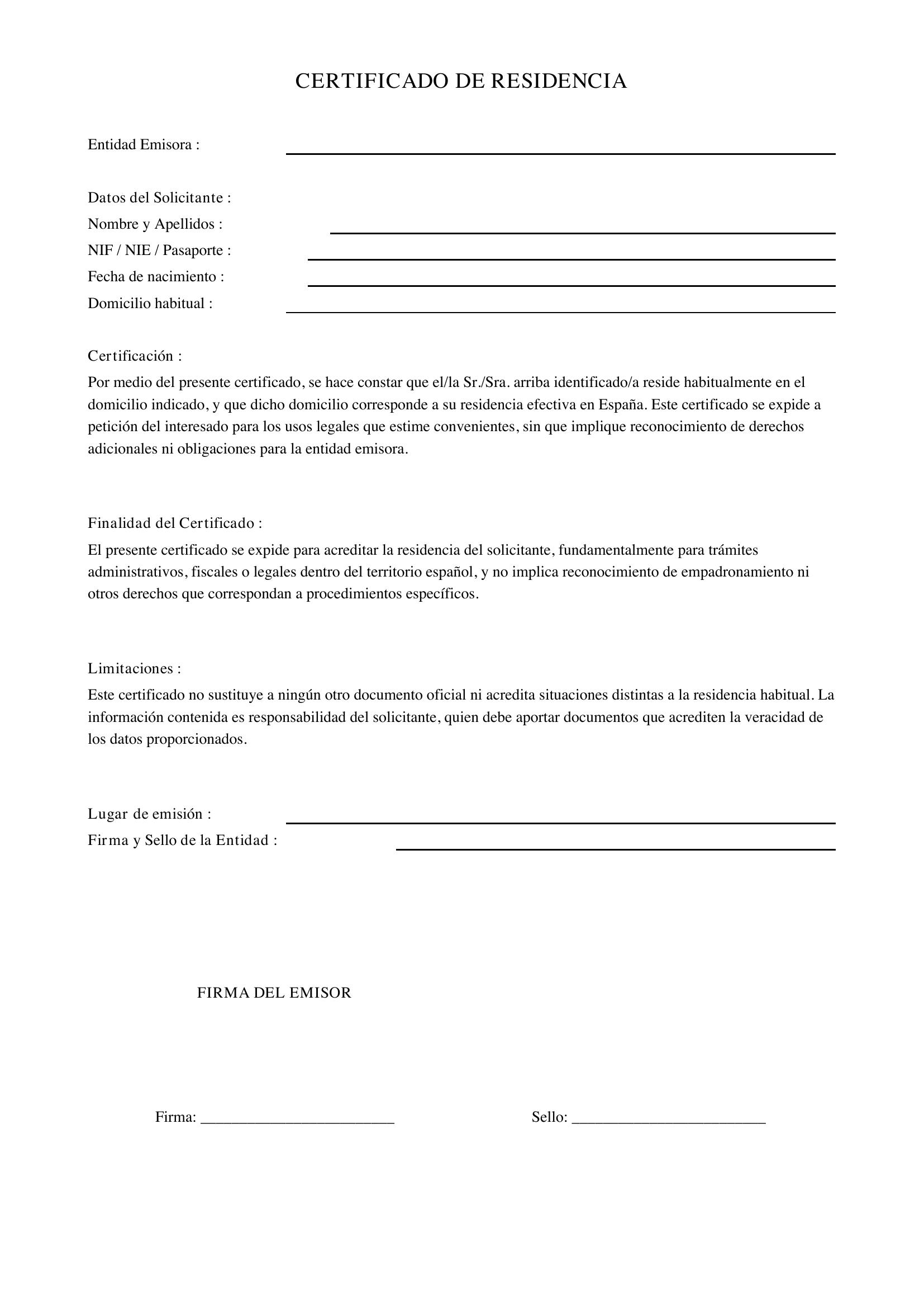 Modelo De Certificado De Residencia