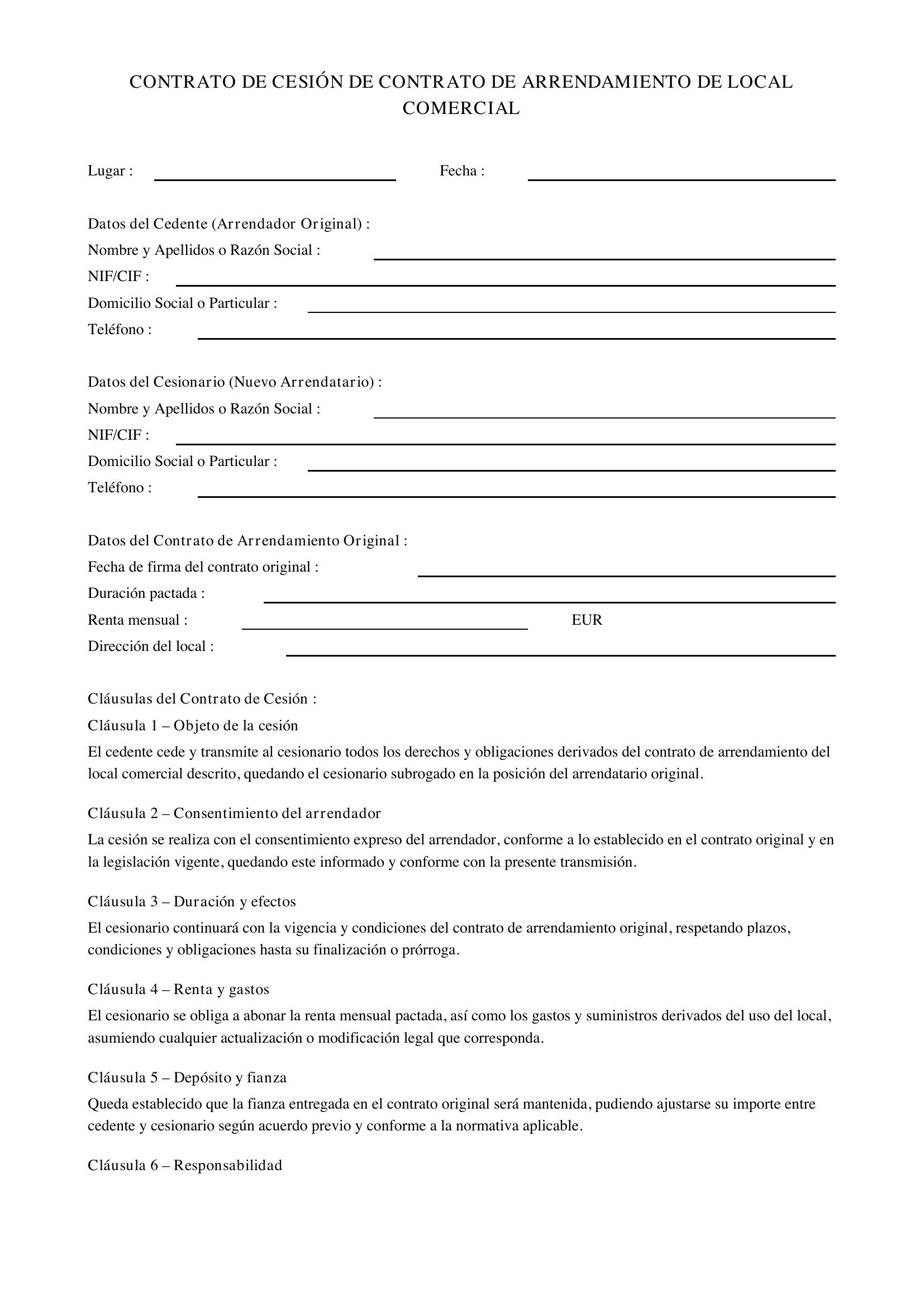 Modelo De Cesion De Contrato De Arrendamiento De Local Comercial