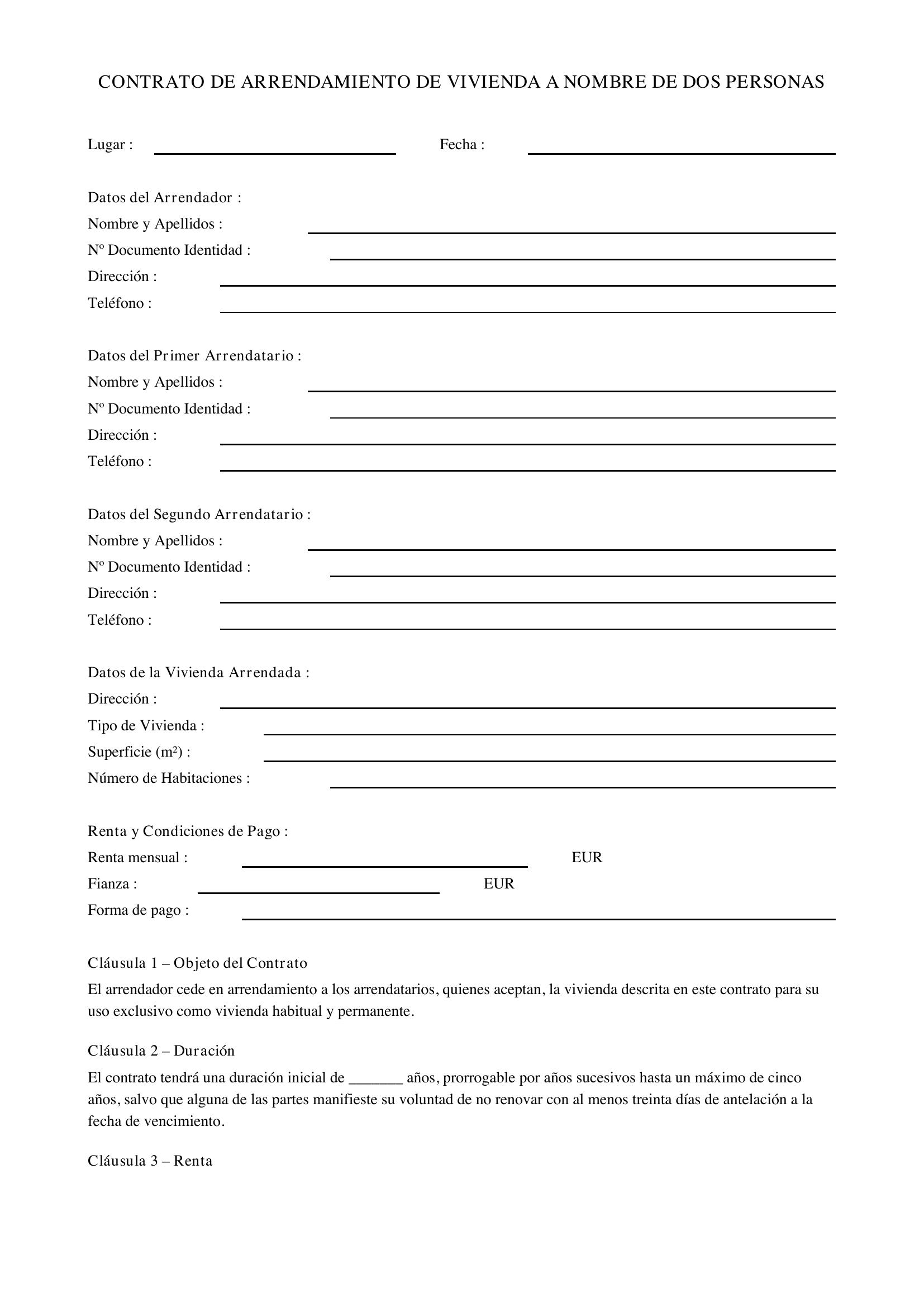 Modelo De Contrato De Alquiler A Nombre De Dos Personas