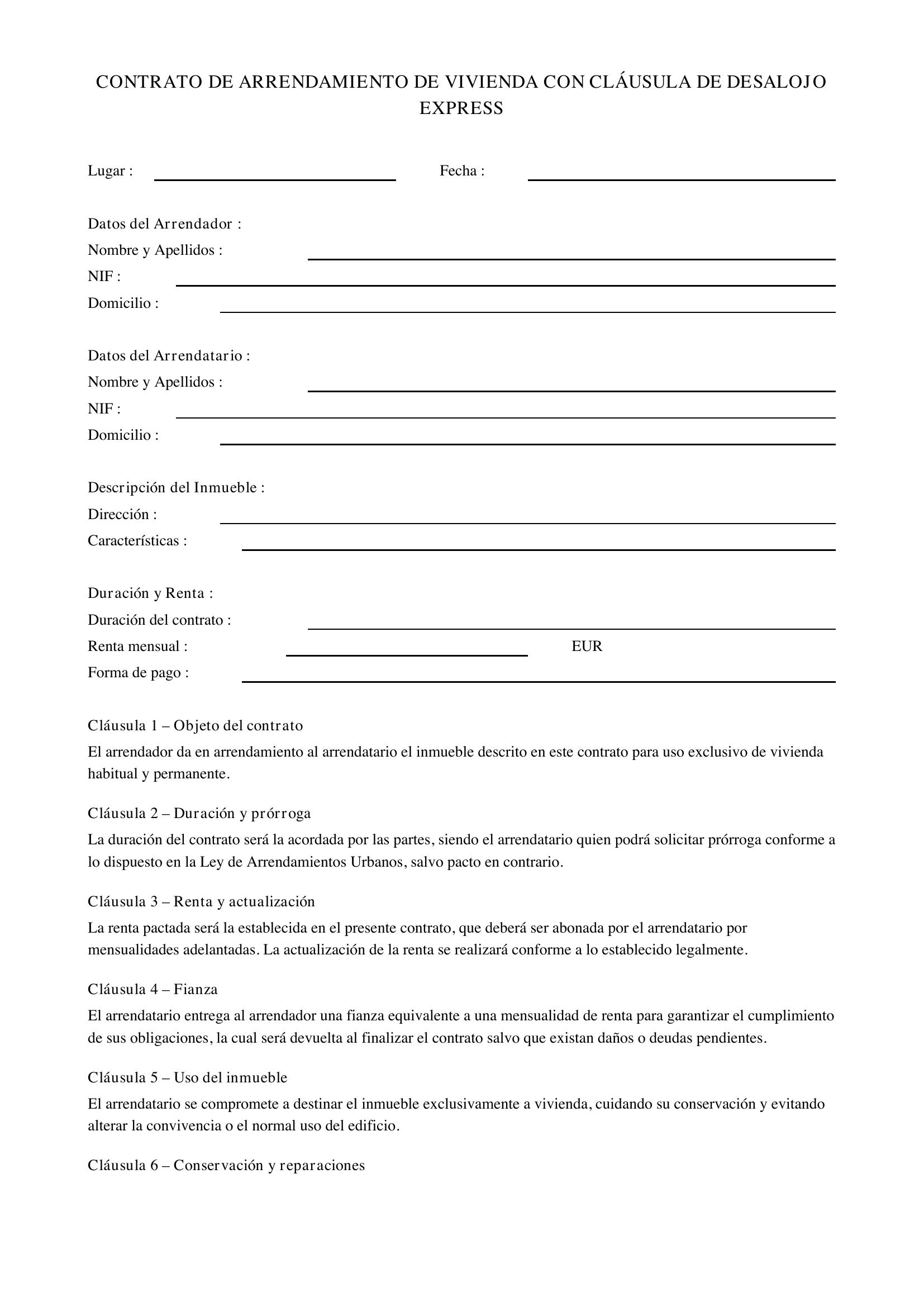 Modelo De Contrato De Alquiler Con Cláusula De Desalojo Express