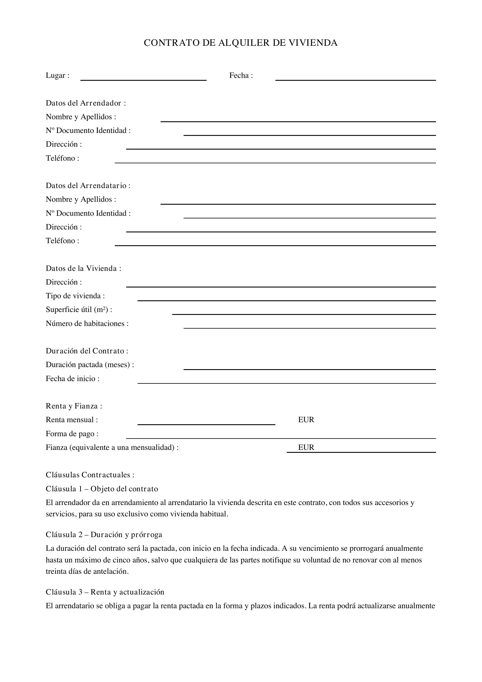 Modelo De Contrato De Alquiler De Vivienda Simple Para Imprimir