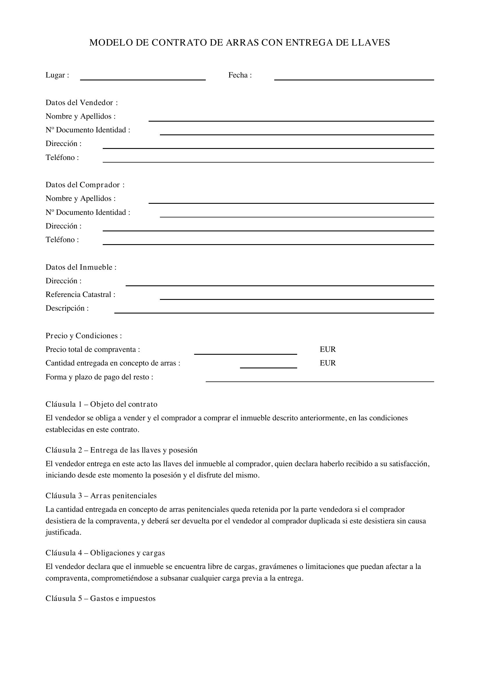 Modelo De Contrato De Arras Con Entrega De Llaves