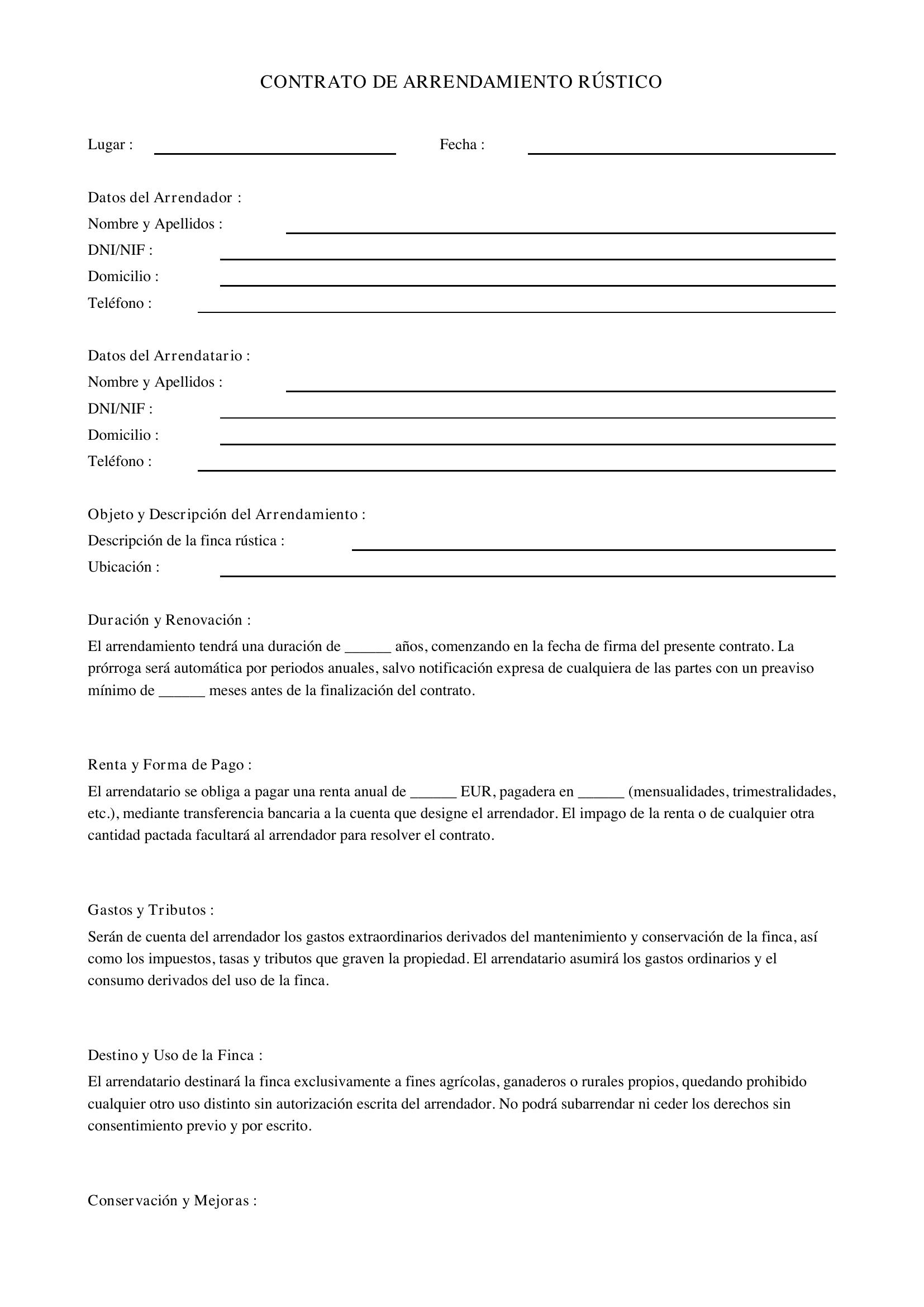 Modelo De Contrato De Arrendamiento Rústico