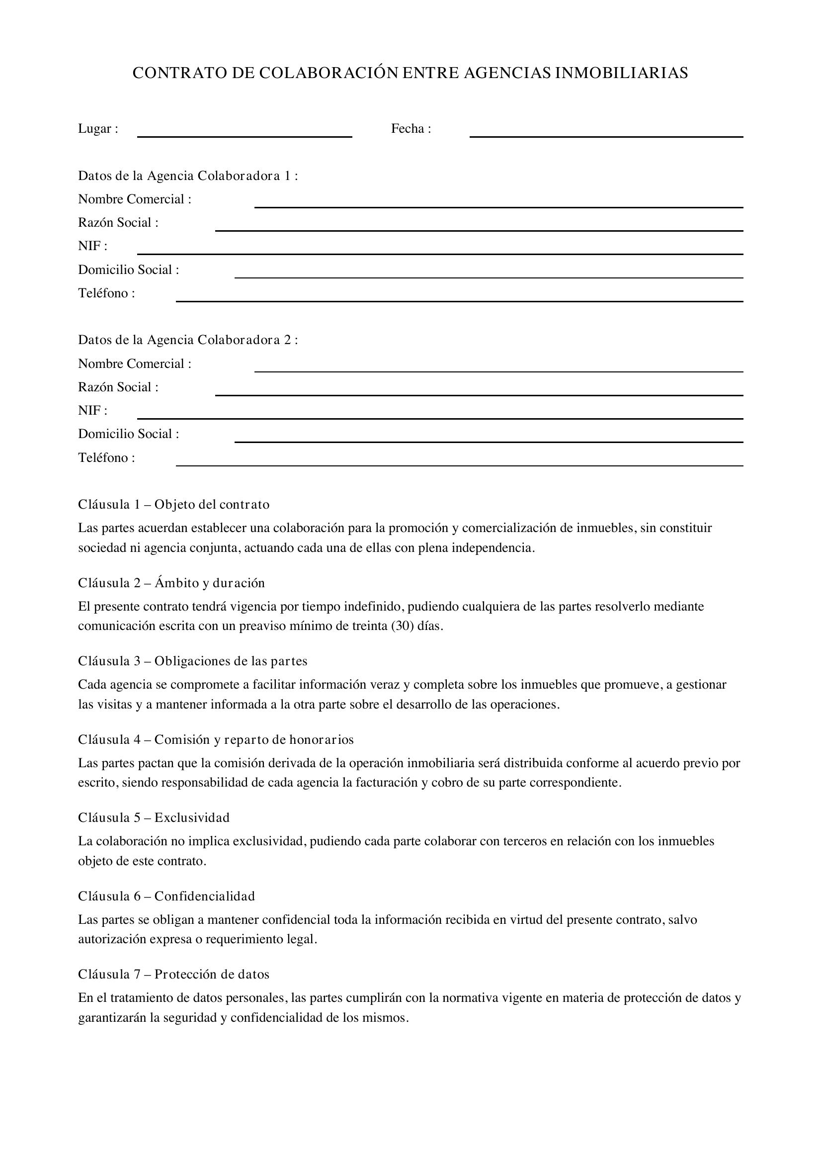 Modelo De Contrato De Colaboración Entre Agencias Inmobiliarias