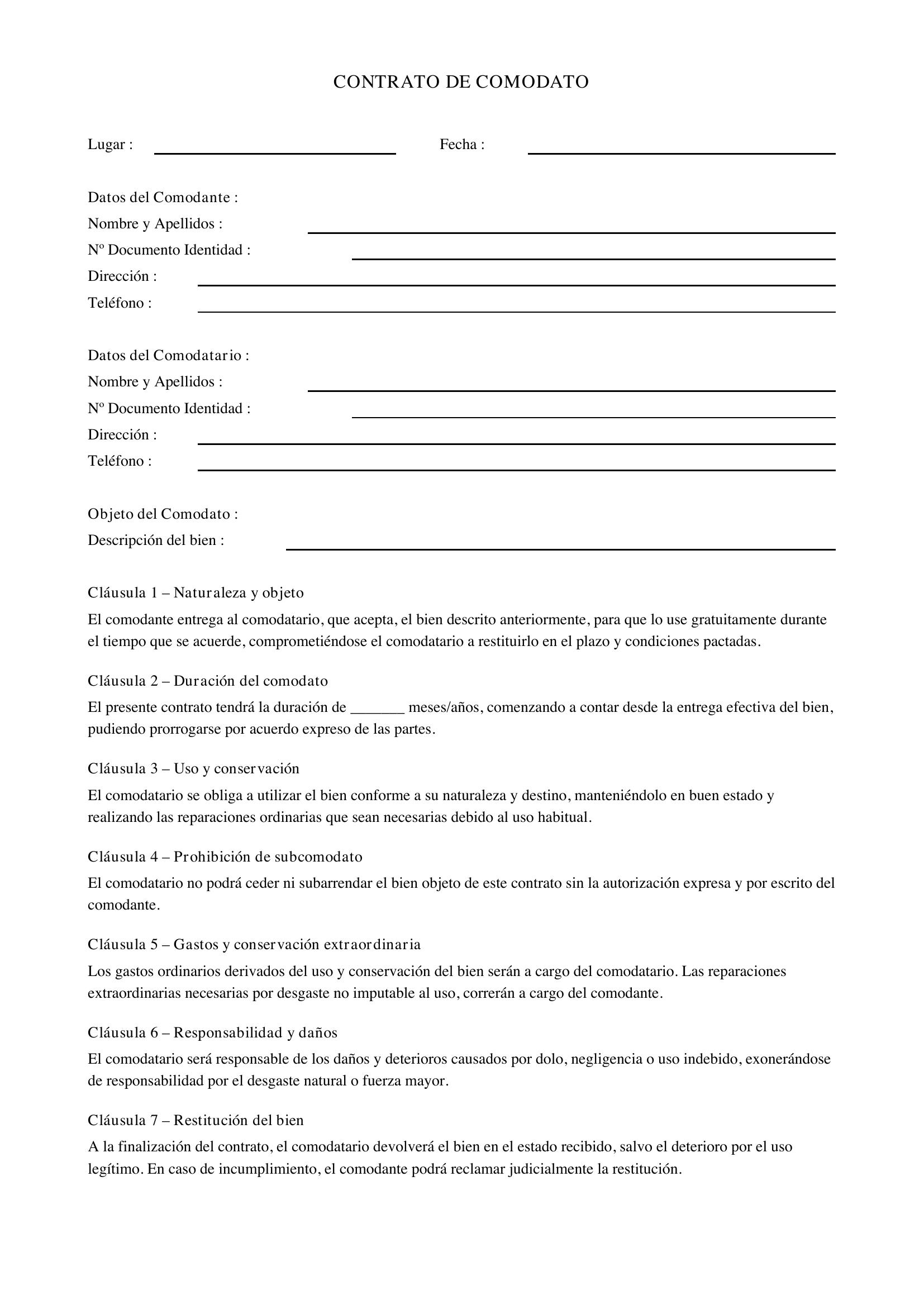 Modelo De Contrato De Comodato