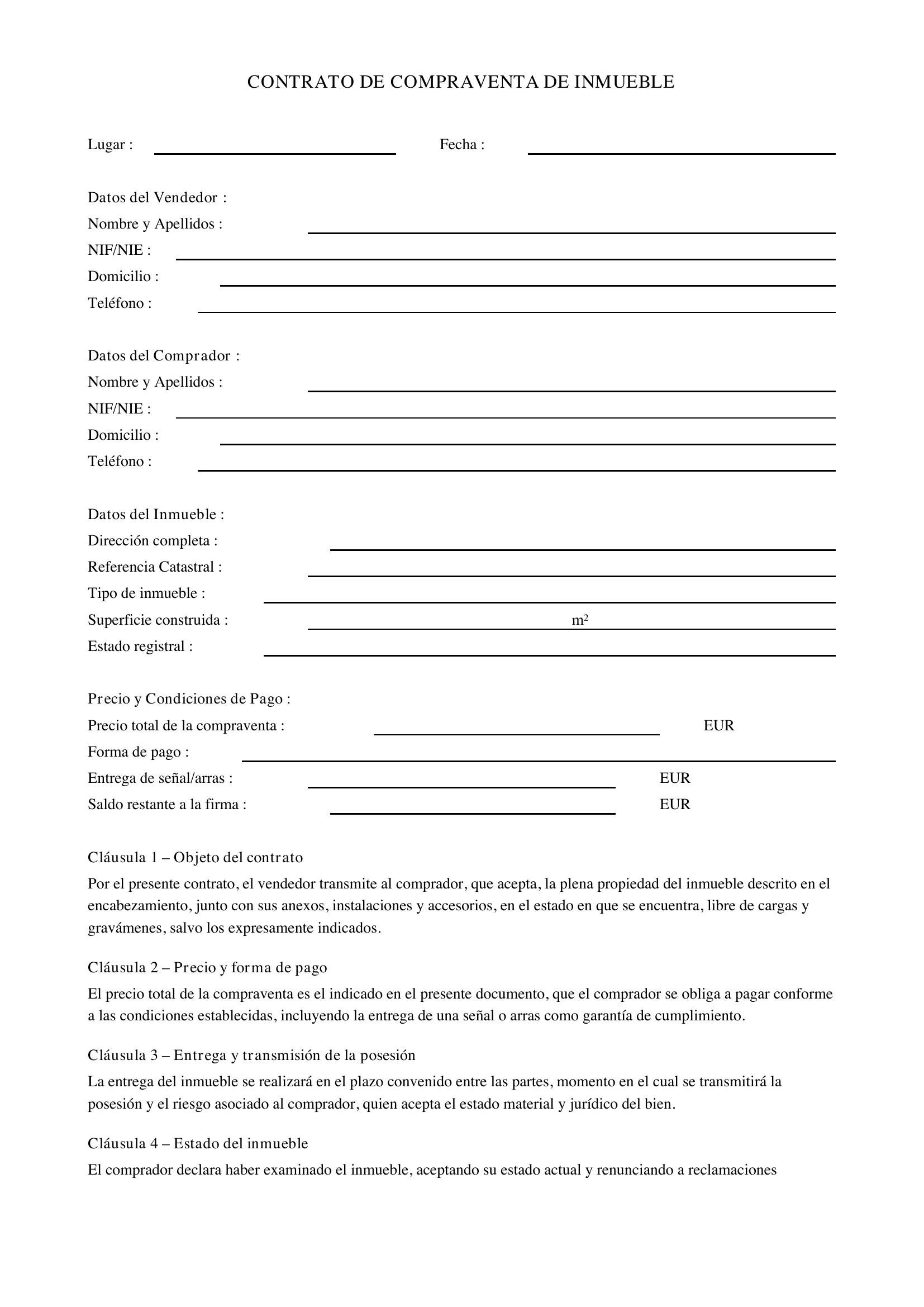Modelo De Contrato De Compraventa De Inmueble