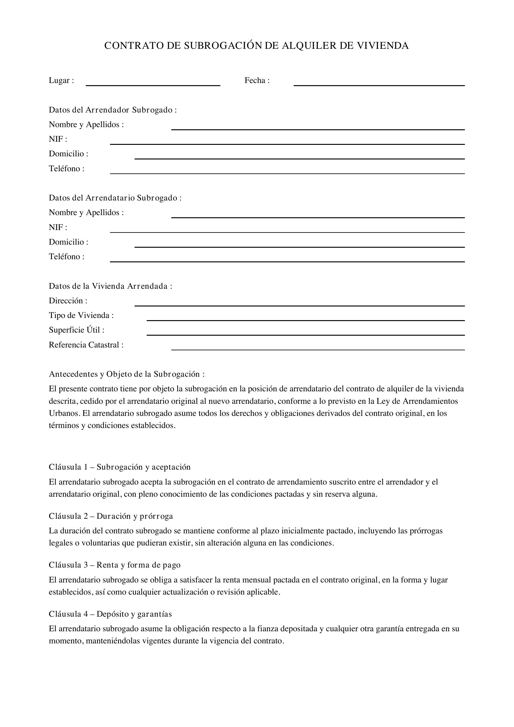 Modelo De Contrato De Subrogación De Alquiler De Vivienda