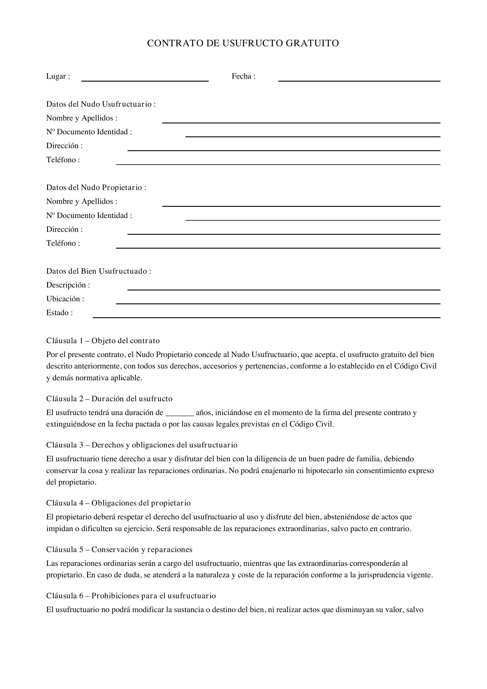 Modelo De Contrato Usufructo Gratuito