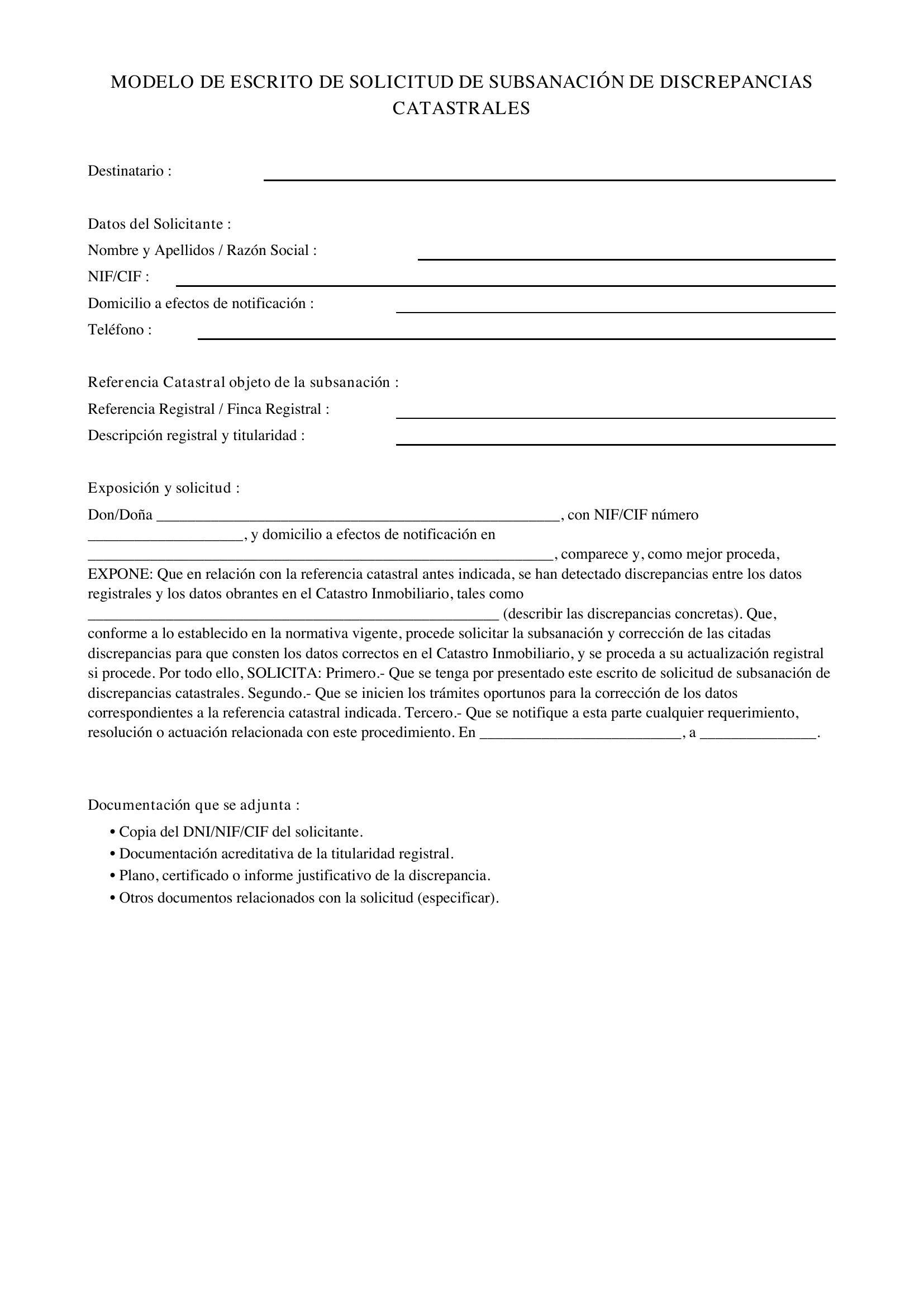 Modelo De Escrito En Solicitud De Subsanación De Discrepancias Catastrales