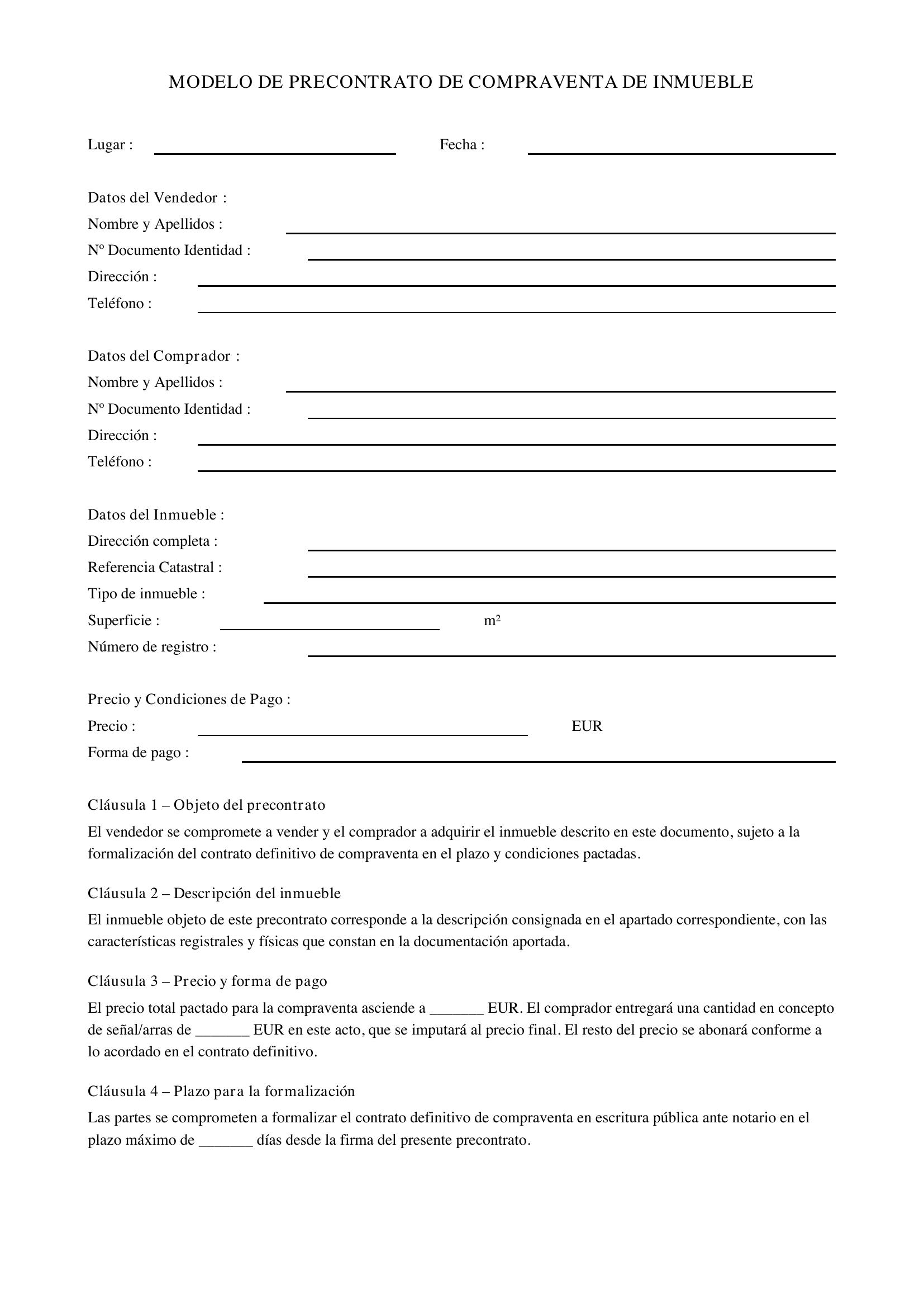 Modelo De Precontrato De Compraventa De Inmueble
