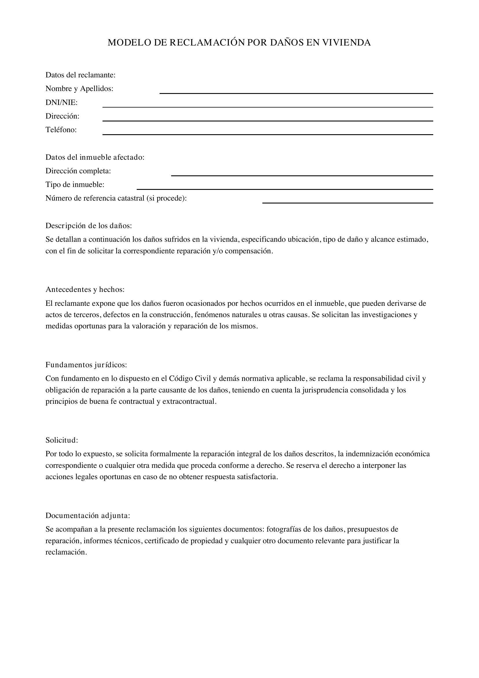 Modelo De Reclamación Por Daños En Vivienda