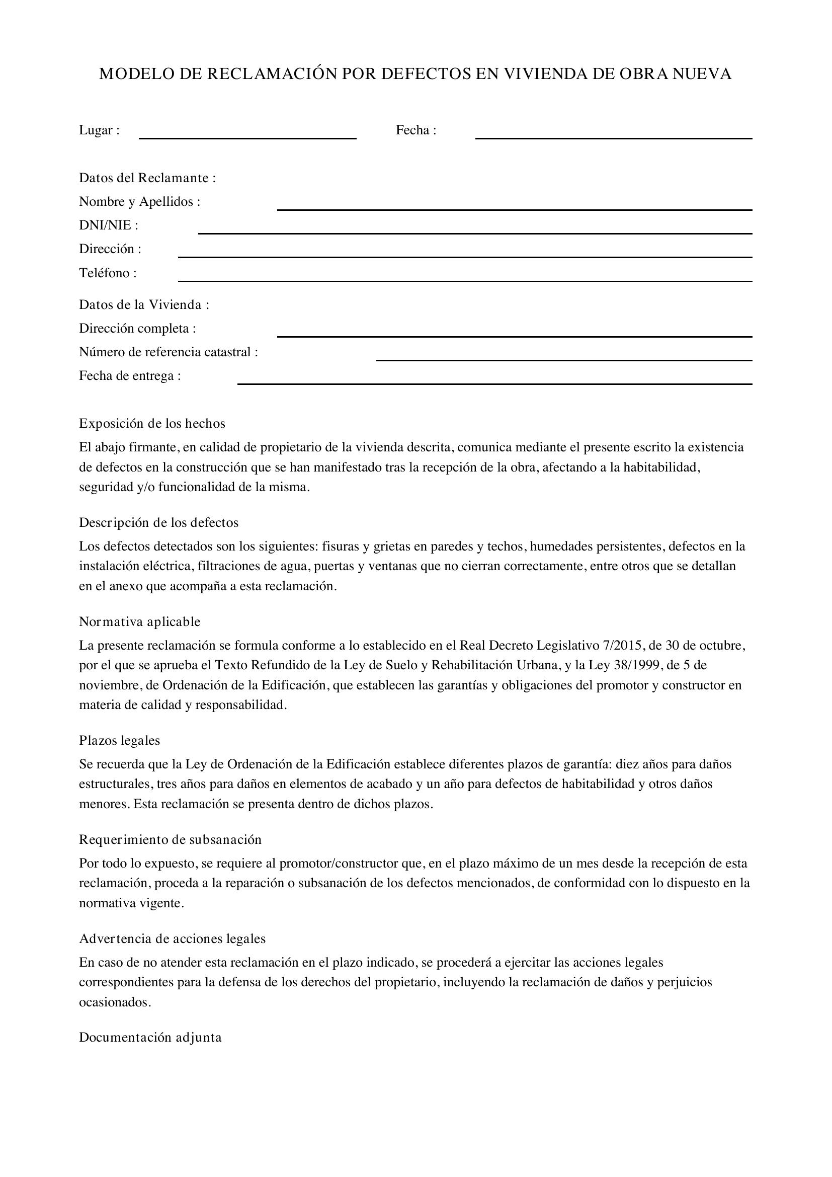 Modelo De Reclamación Por Defectos En Vivienda De Obra Nueva