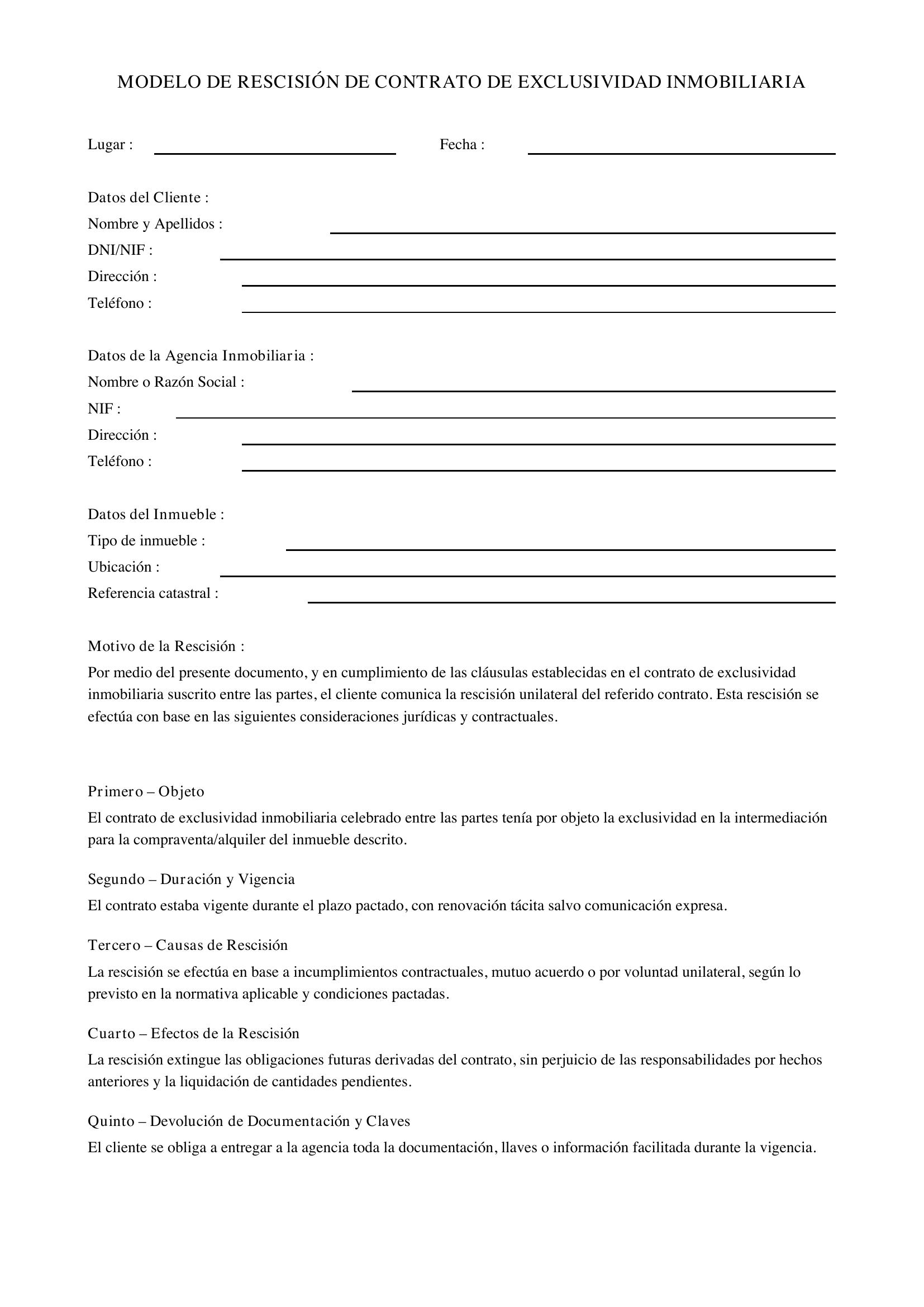 Modelo De Rescisión De Un Contrato De Exclusividad Inmobiliaria