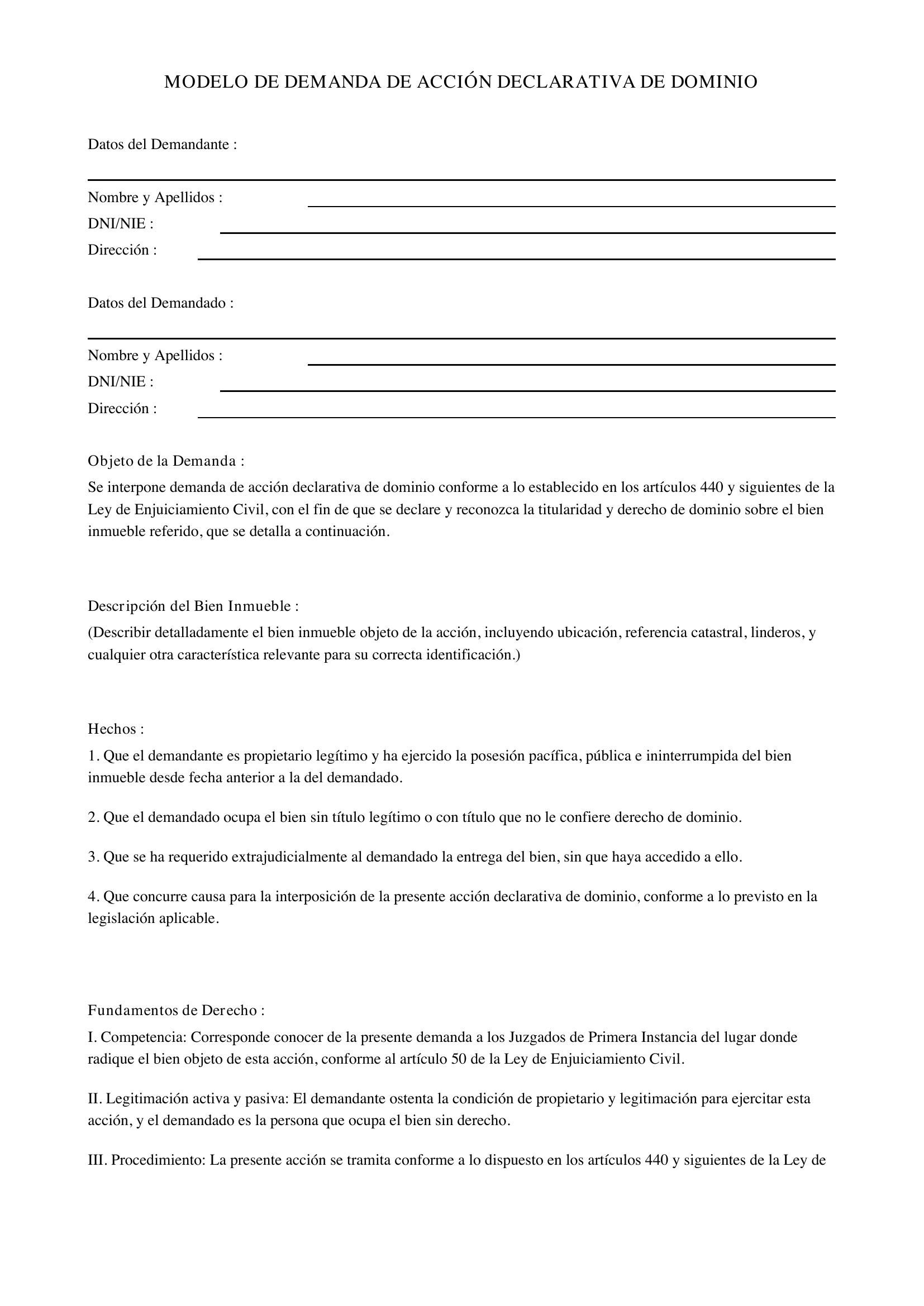 Modelo Demanda Acción Declarativa De Dominio