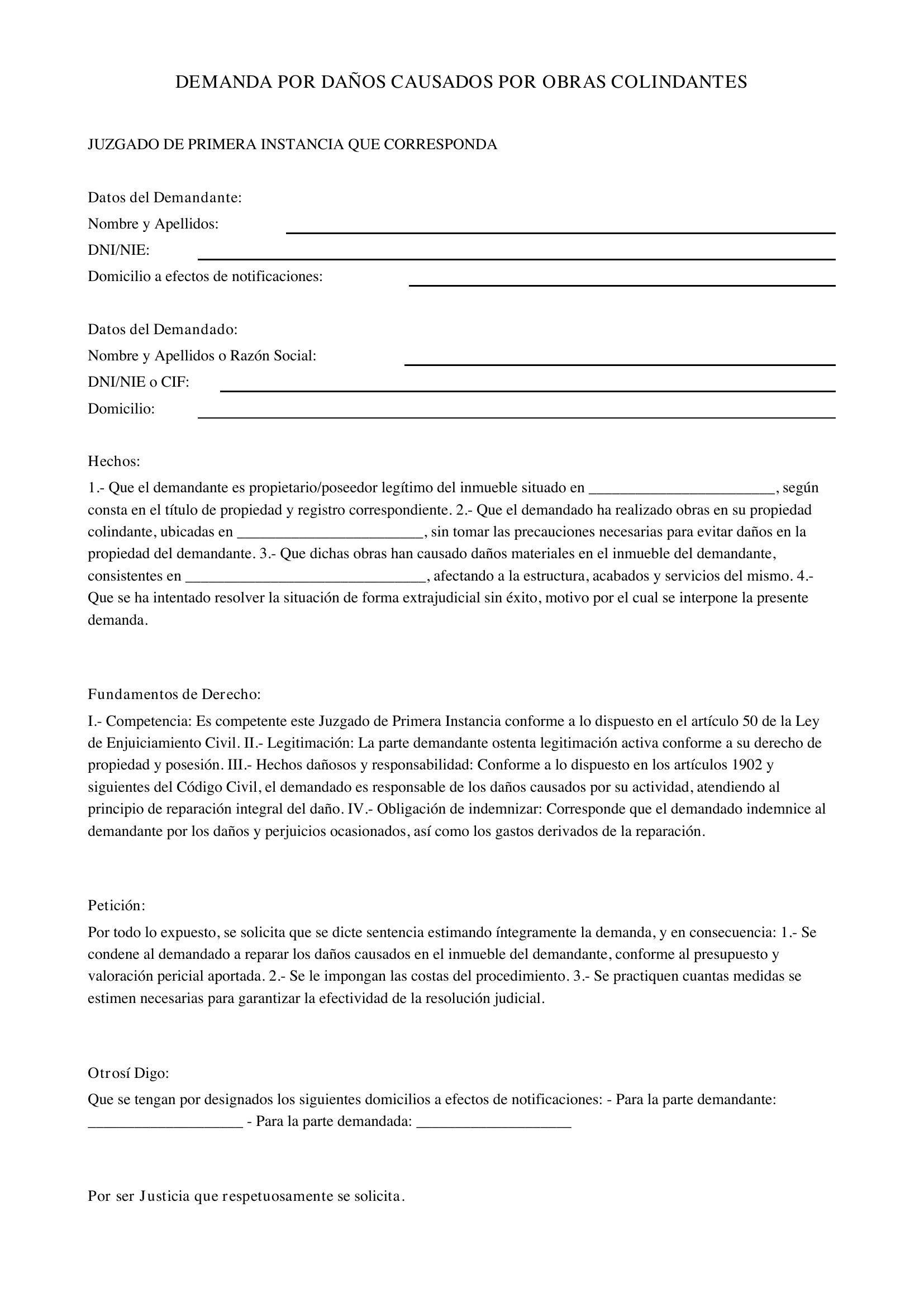 Modelo Demanda Daños Por Obras Colindantes