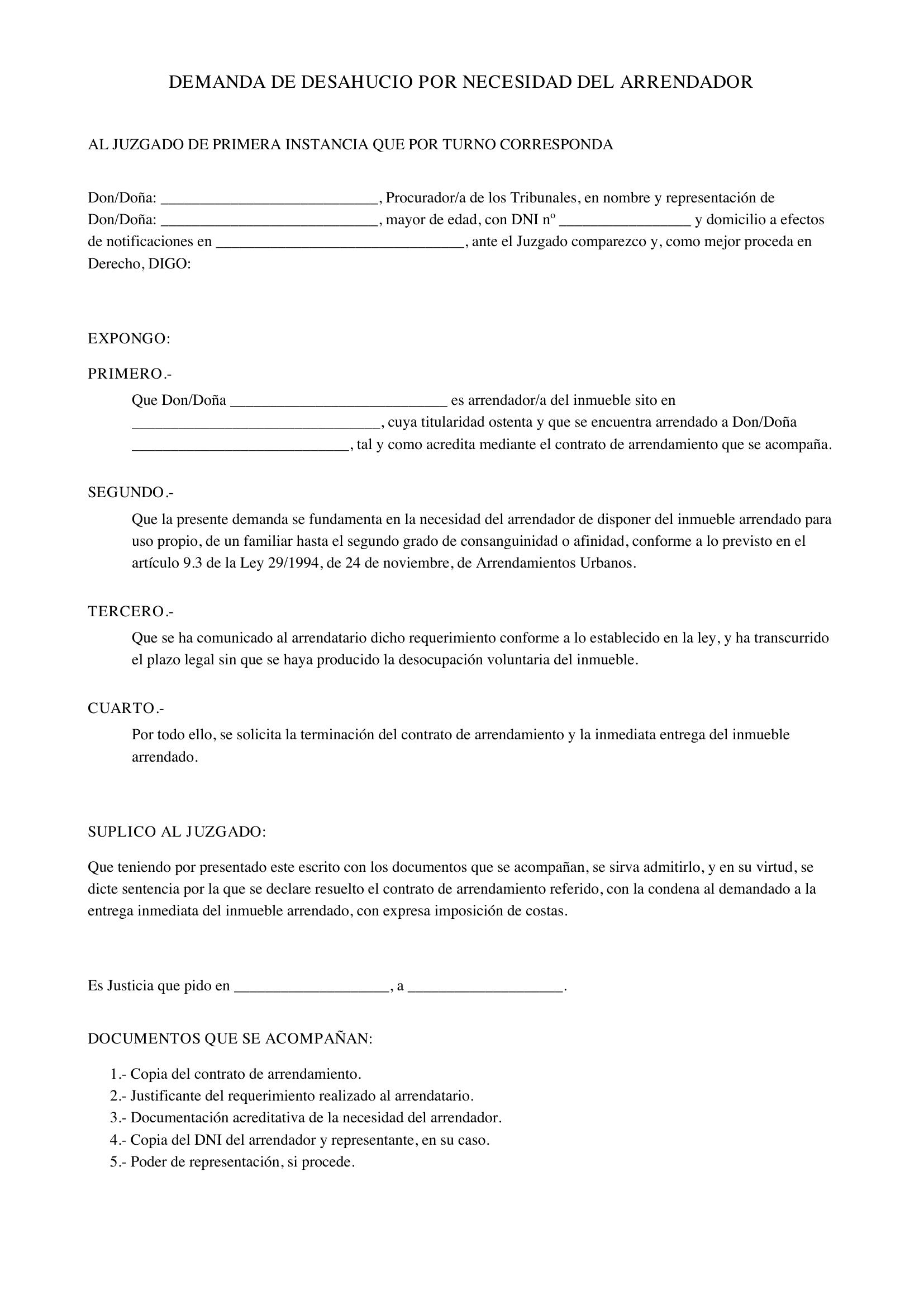 Modelo Demanda Desahucio Por Necesidad Arrendador