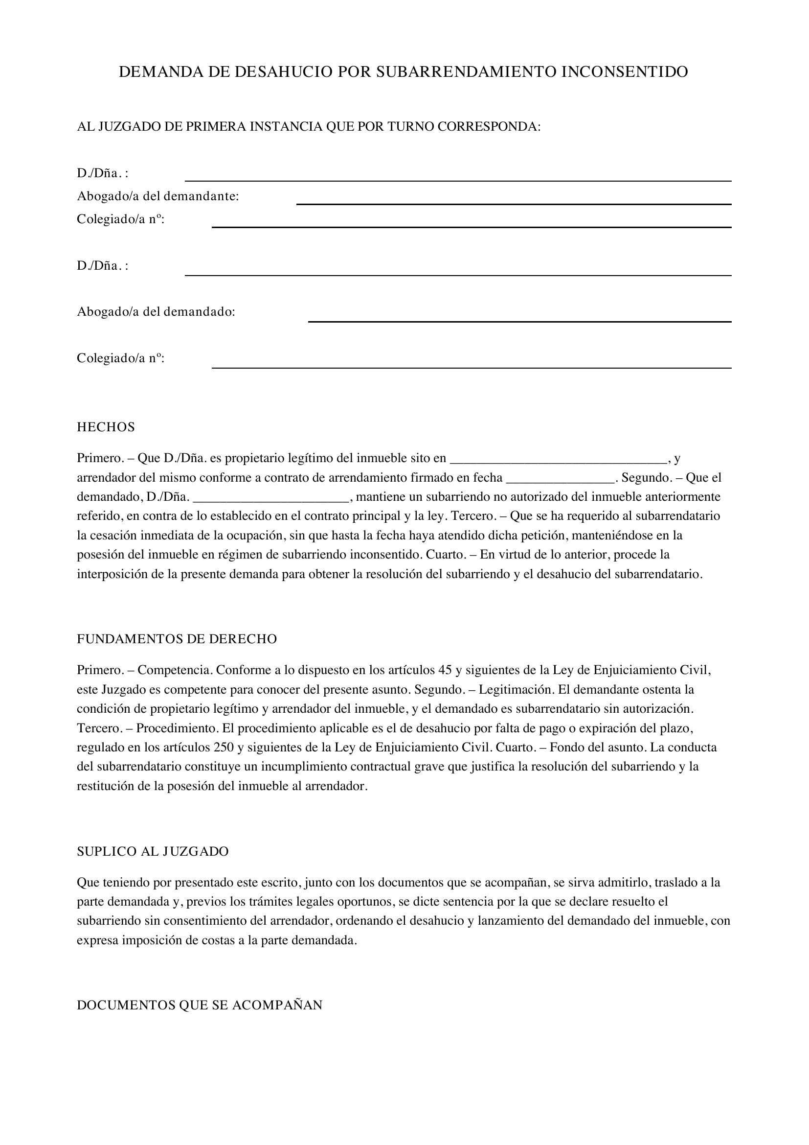 Modelo Demanda Desahucio Por Subarriendo Inconsentido
