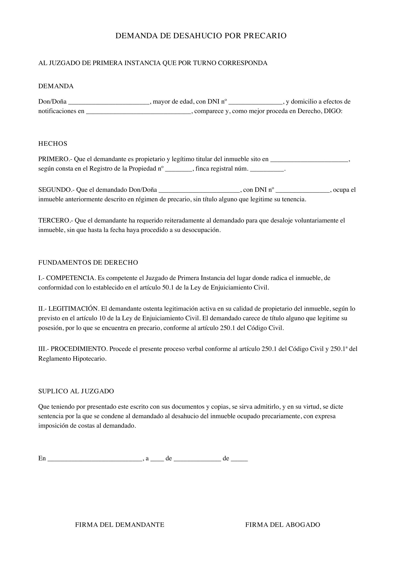 Modelo Demanda Desahucio Precario Coheredero