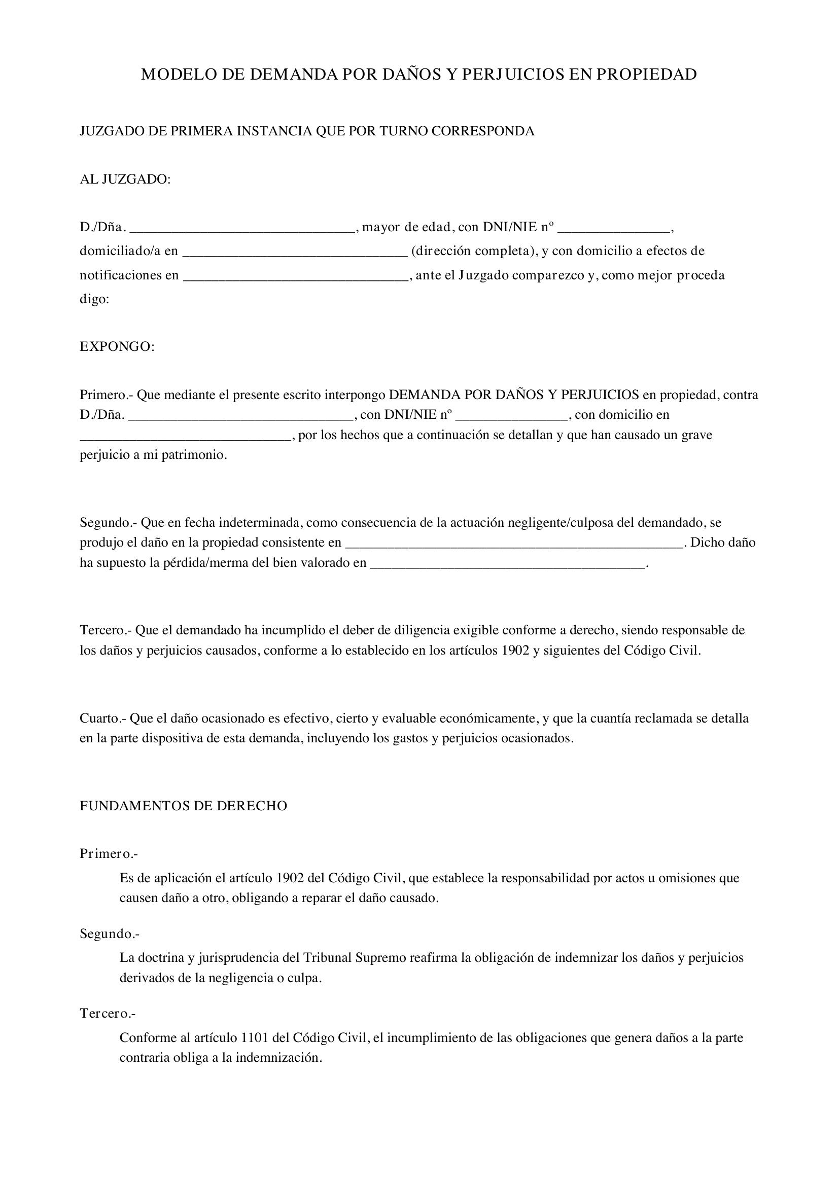 Modelo Demanda Por Daños Y Perjuicios En Propiedad