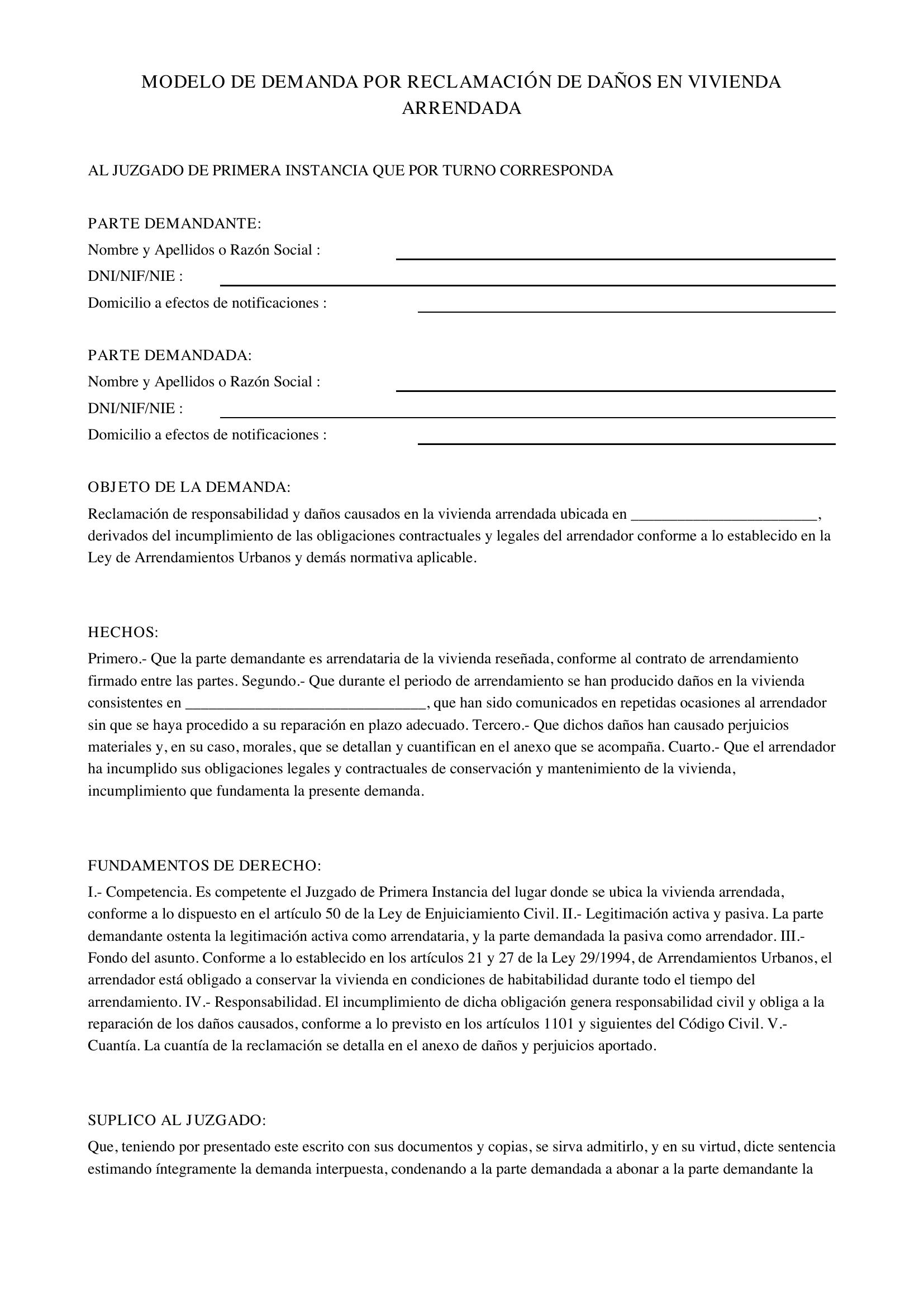 Modelo Demanda Reclamación Daños Vivienda Arrendada