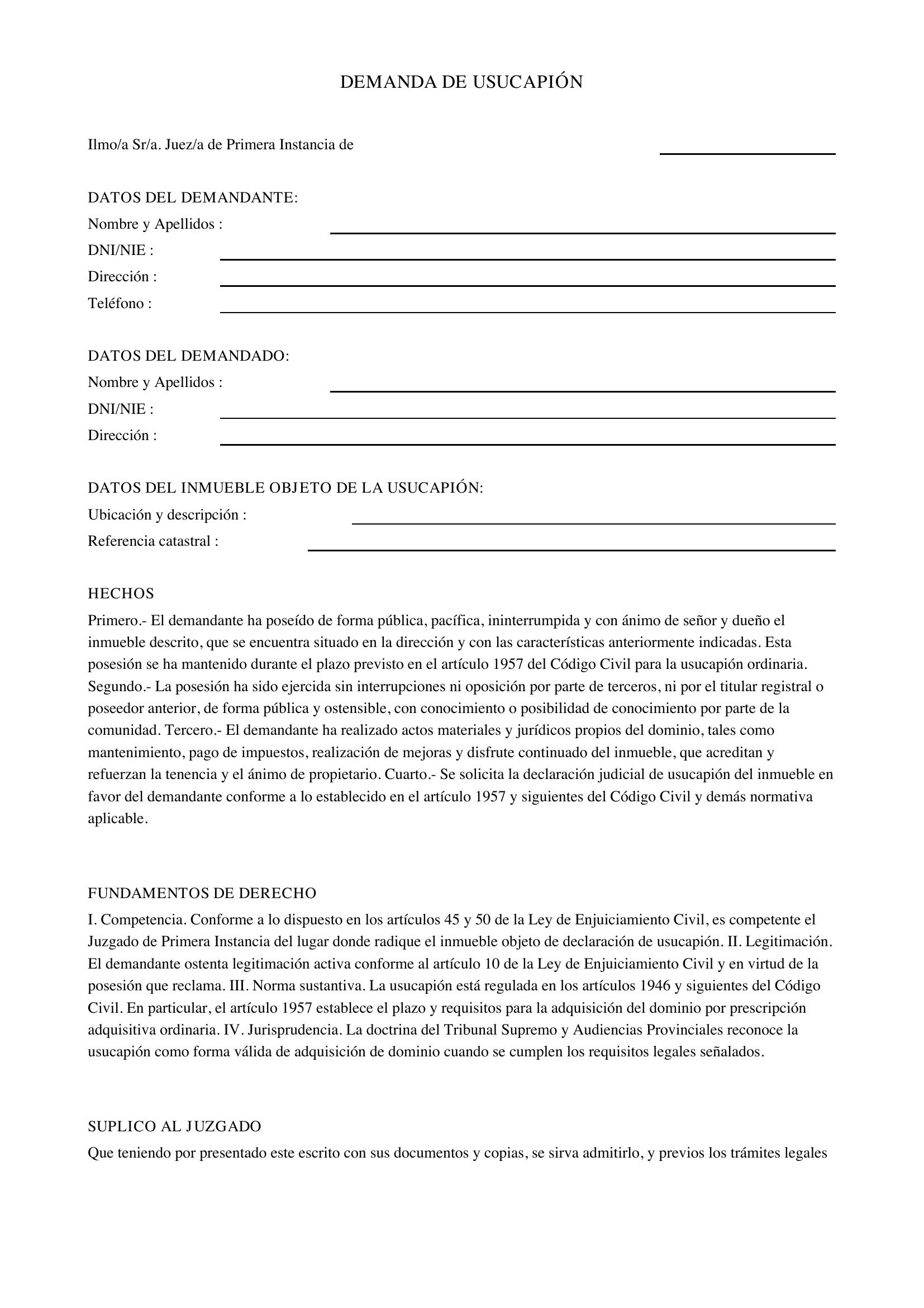 Modelo Demanda Usucapión España