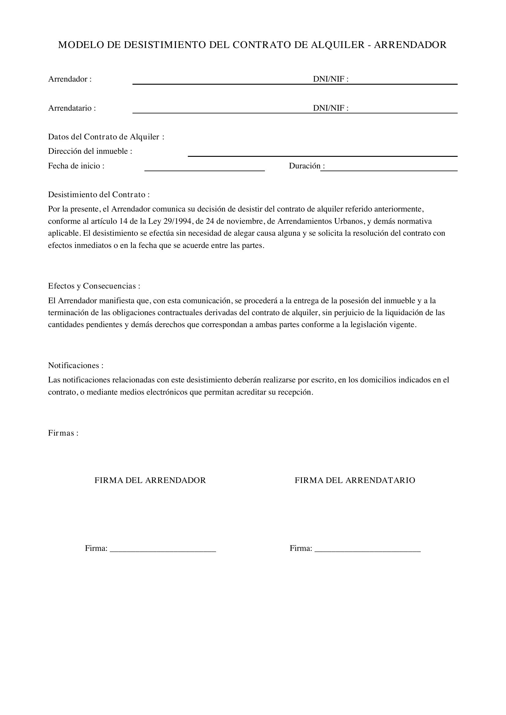 Modelo Desistimiento Contrato Alquiler Arrendador