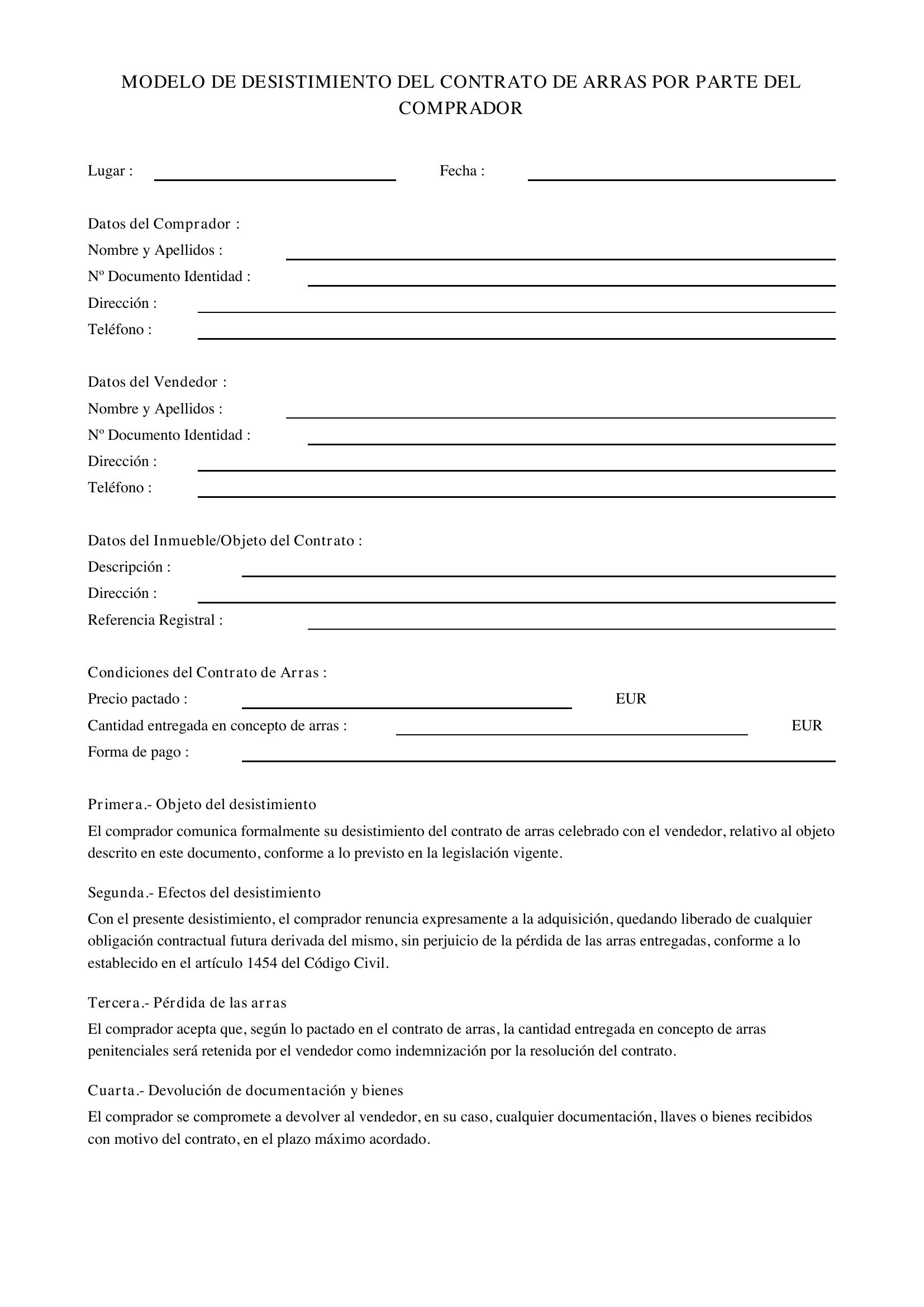 Modelo Desistimiento Contrato De Arras Comprador