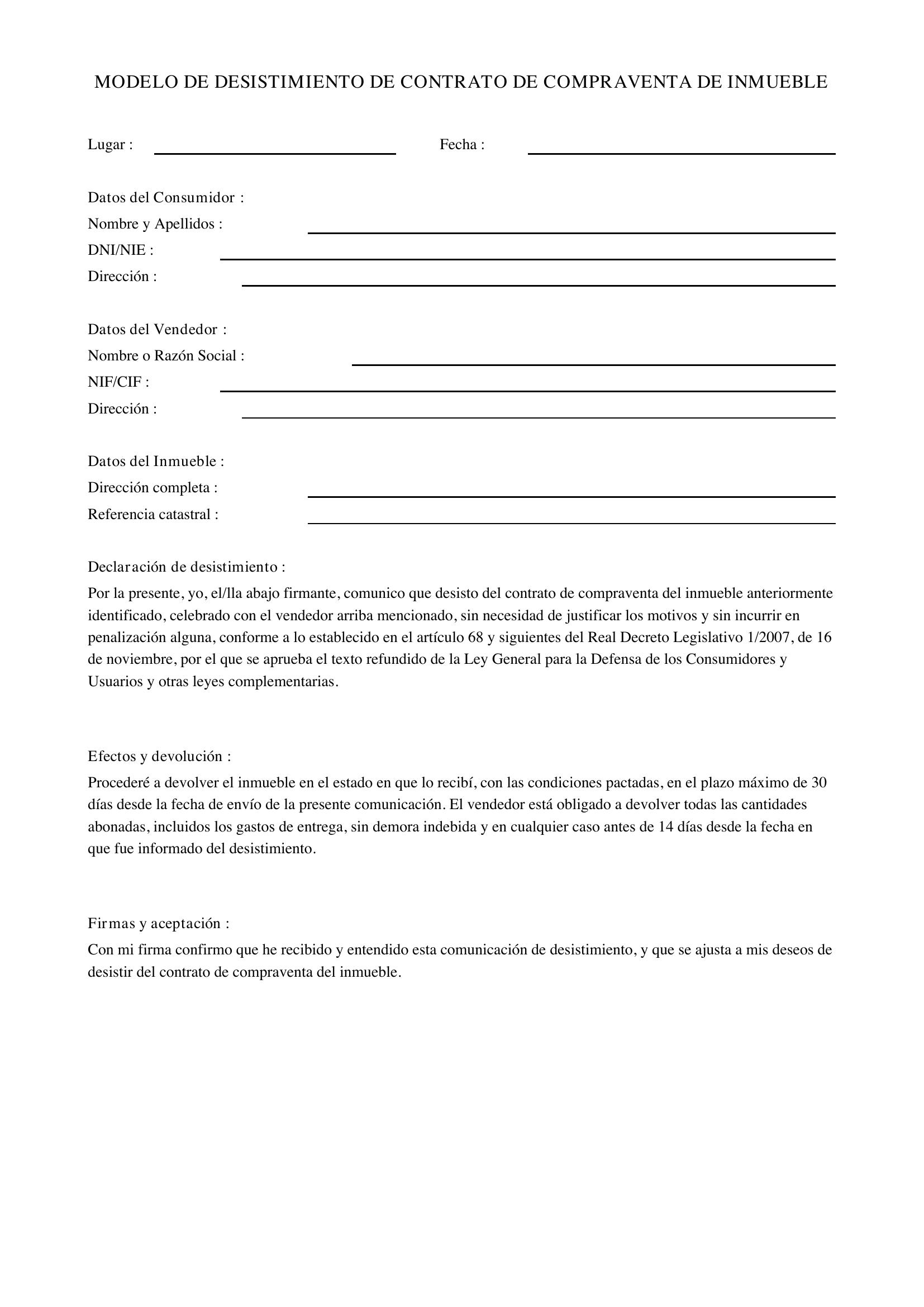 Modelo Desistimiento De Contrato De Compraventa De Inmueble