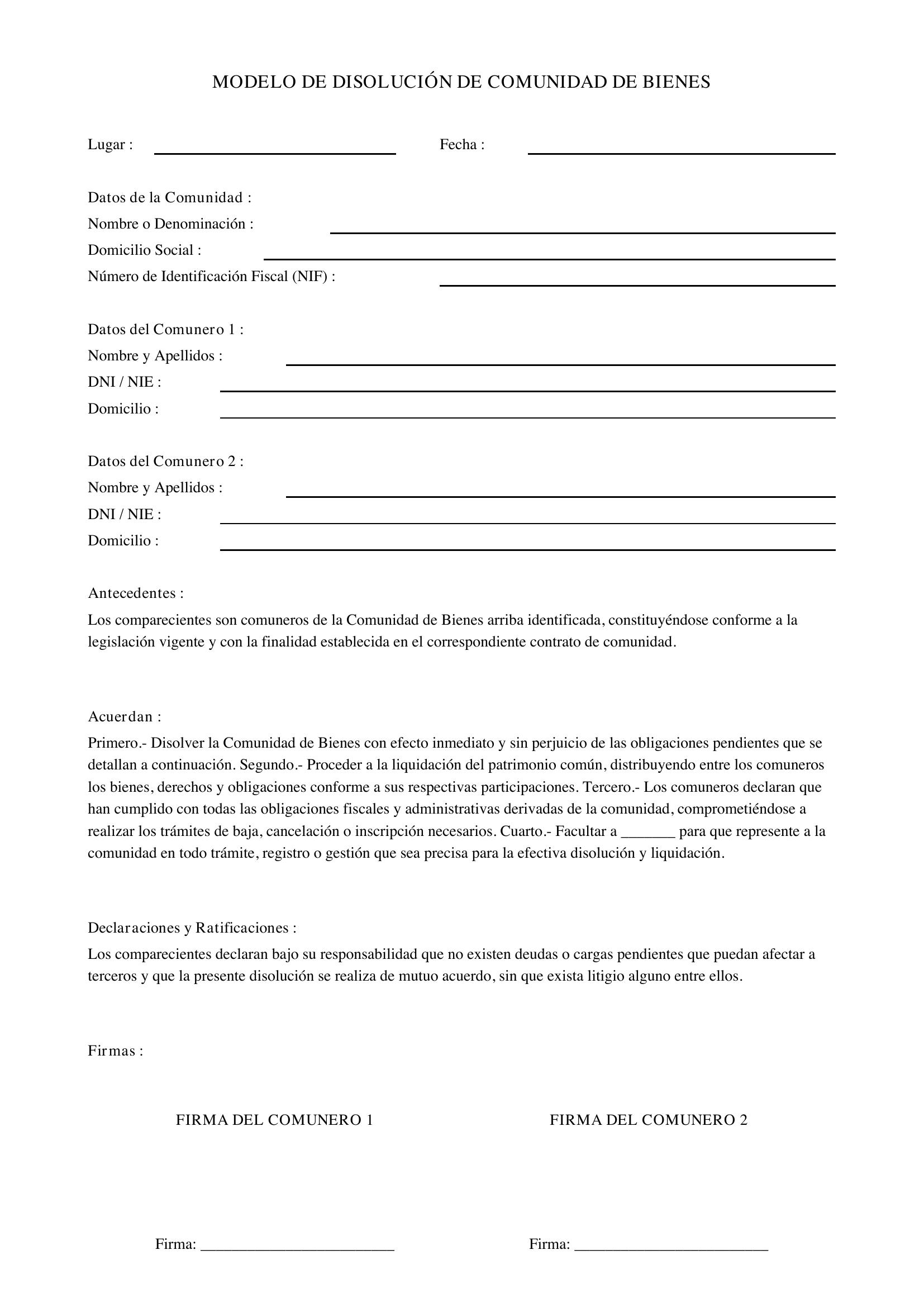 Modelo Disolución Comunidad De Bienes