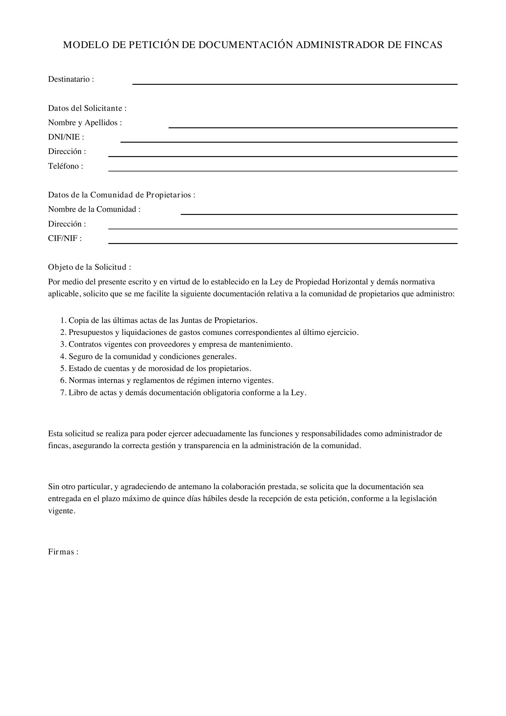 Modelo Escrito Petición Documentación Administrador Fincas