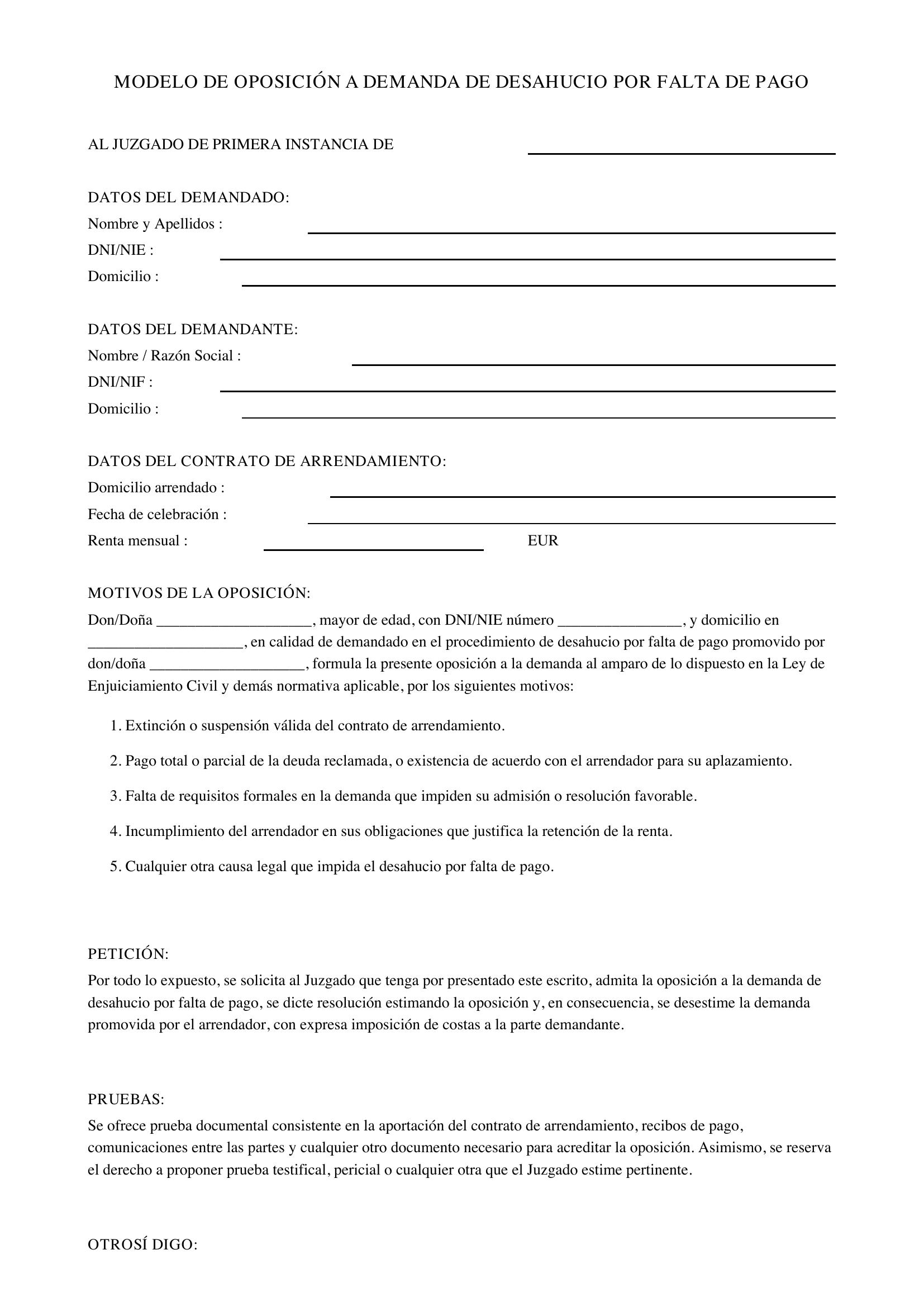 Modelo Oposición Demanda Desahucio Por Falta De Pago