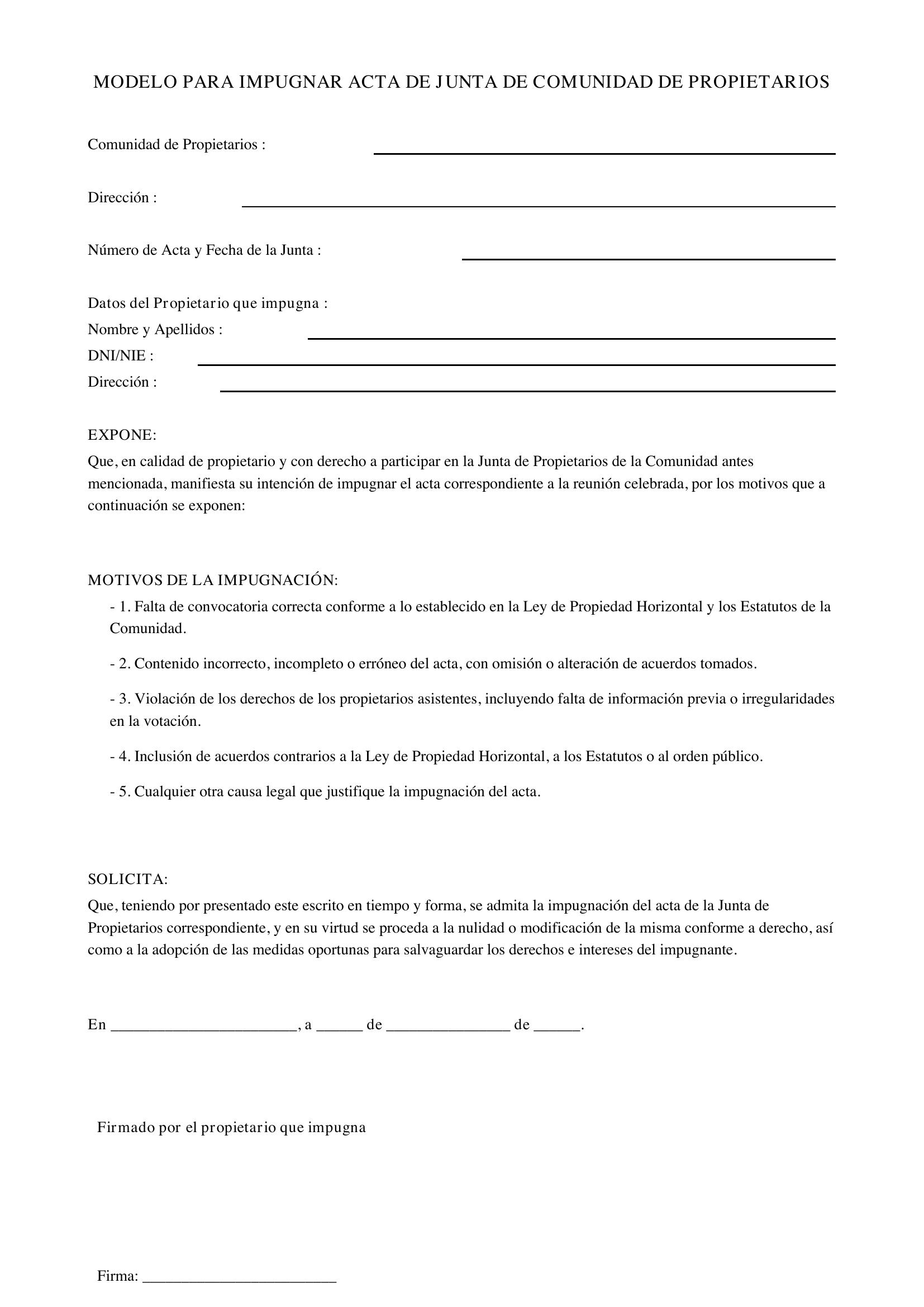 Modelo Para Impugnar Un Acta De Comunidad De Propietarios