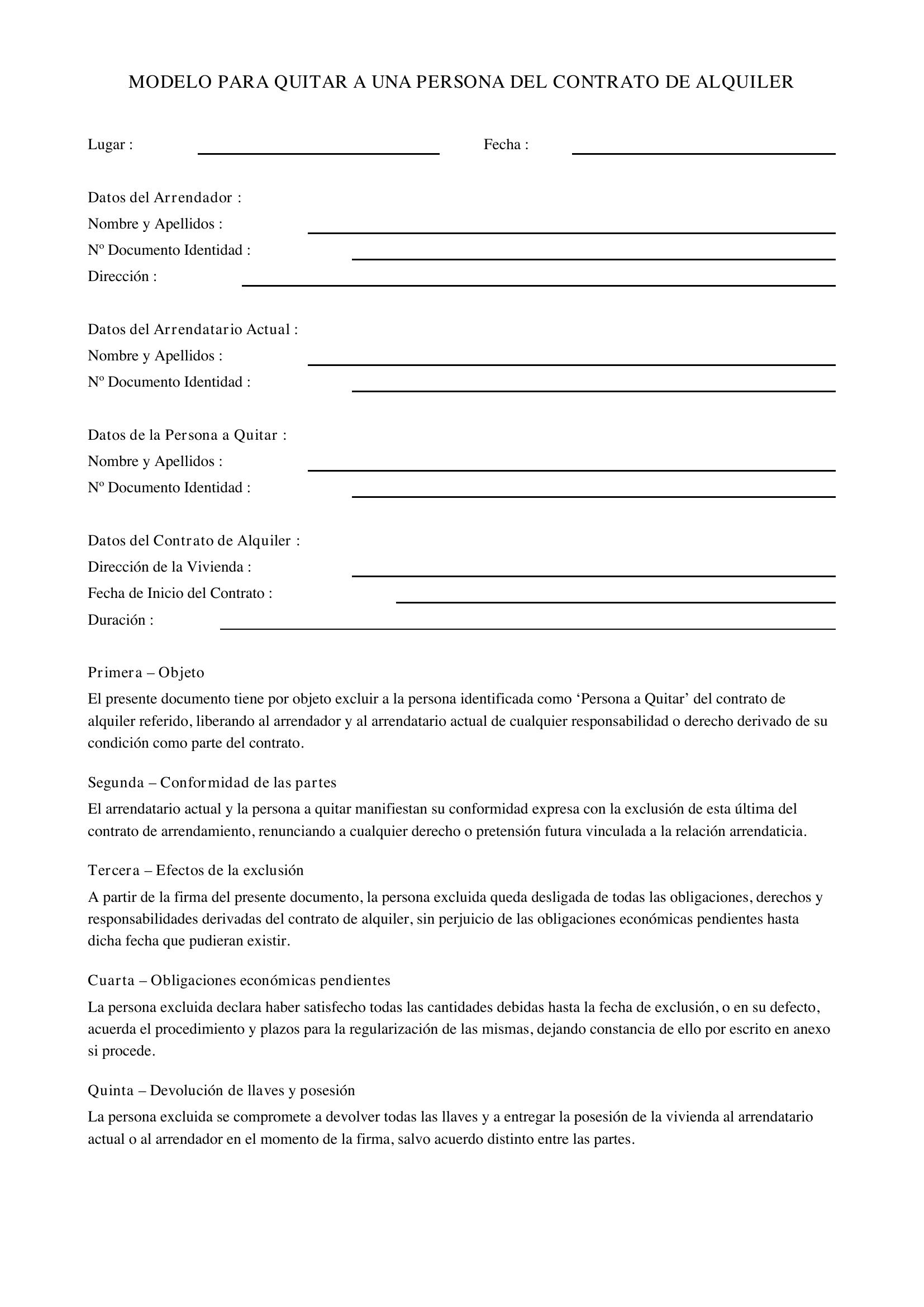 Modelo Para Quitar A Una Persona Del Contrato De Alquiler