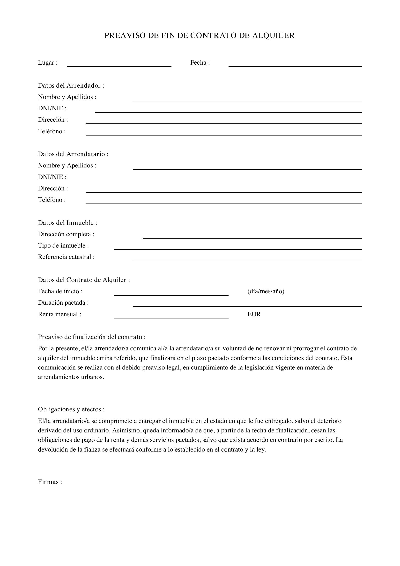 Modelo Preaviso Fin Contrato Alquiler